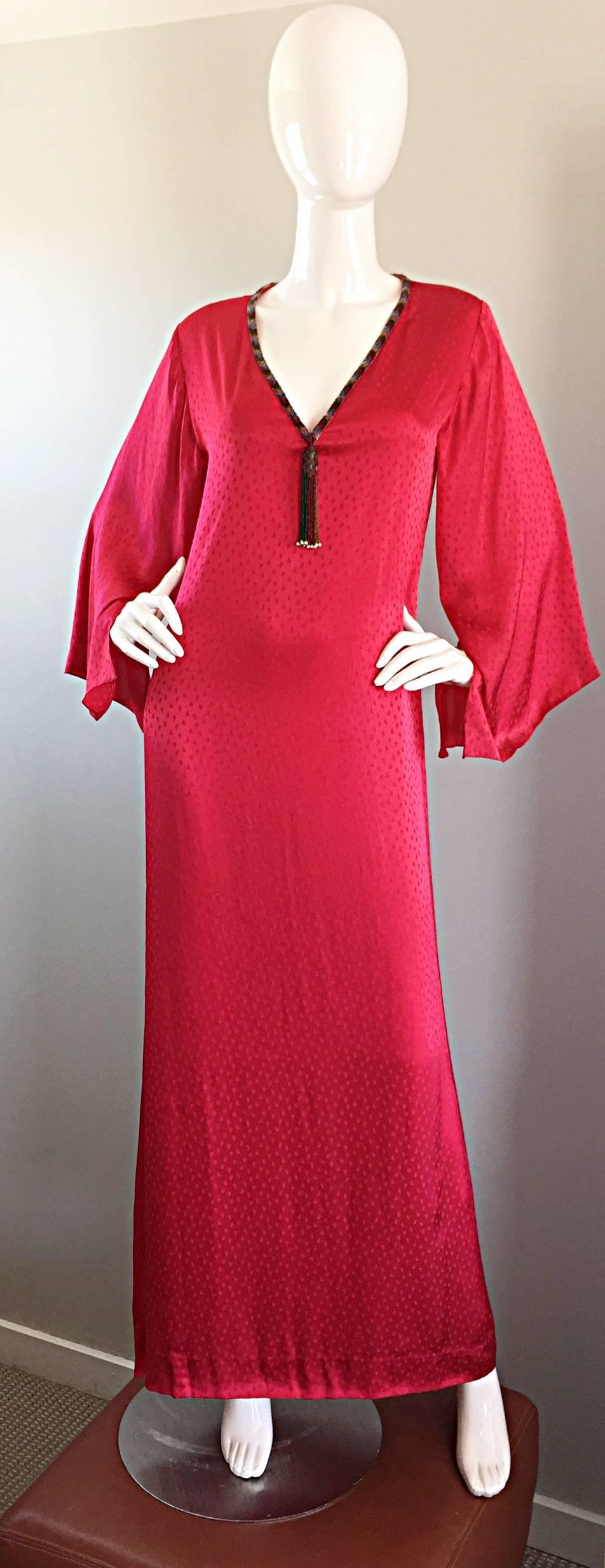 Documented Vintage Oscar de la Renta 1982 Red Silk Beaded Caftan Maxi Dress  5