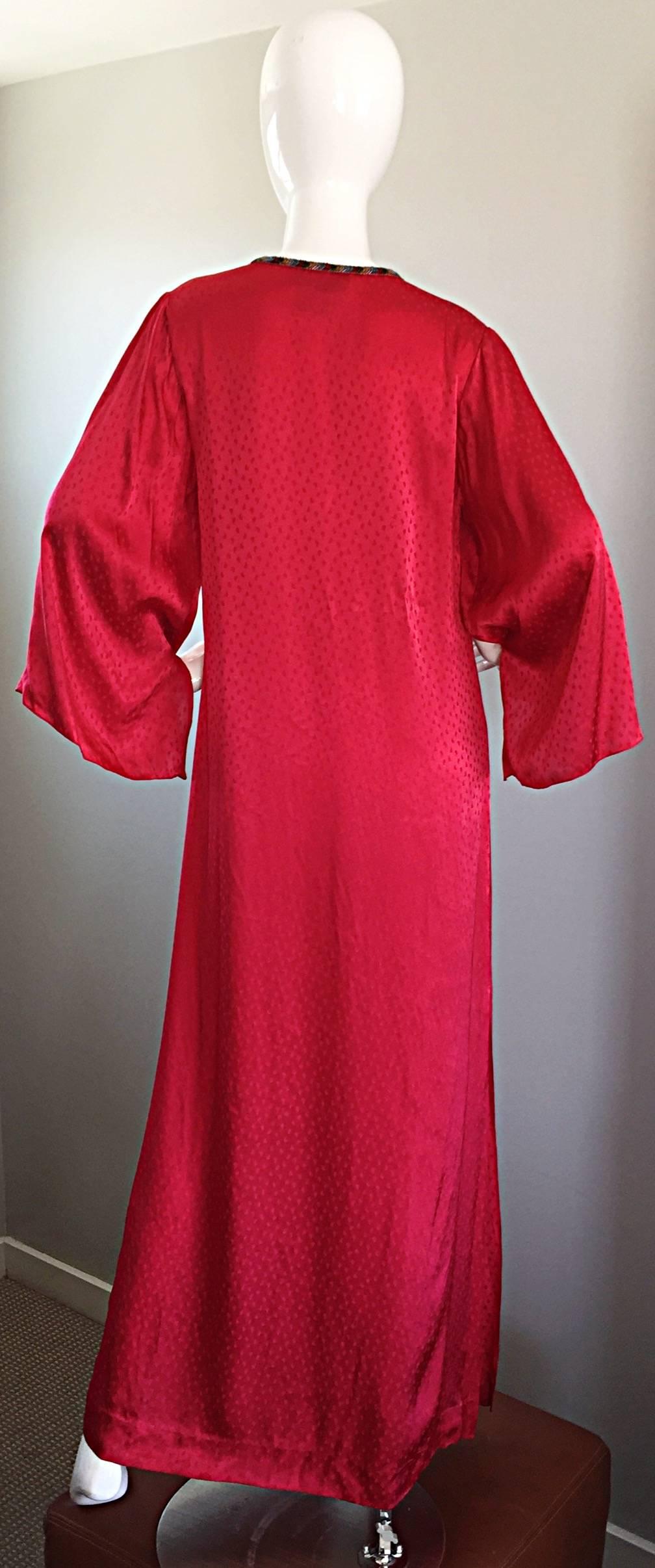 Documented Vintage Oscar de la Renta 1982 Red Silk Beaded Caftan Maxi Dress  1