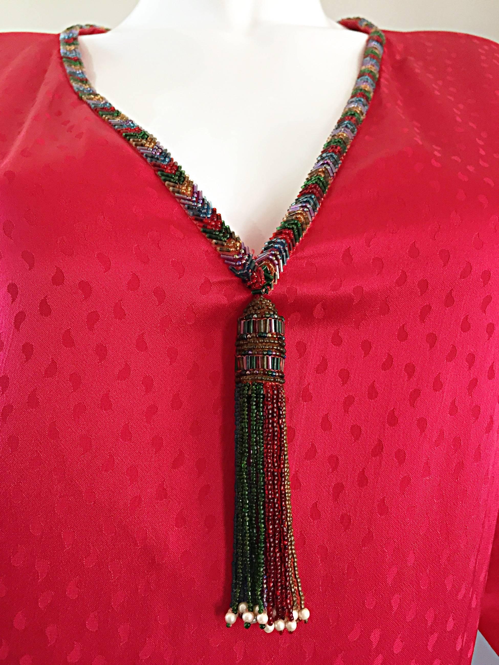 Women's Documented Vintage Oscar de la Renta 1982 Red Silk Beaded Caftan Maxi Dress 