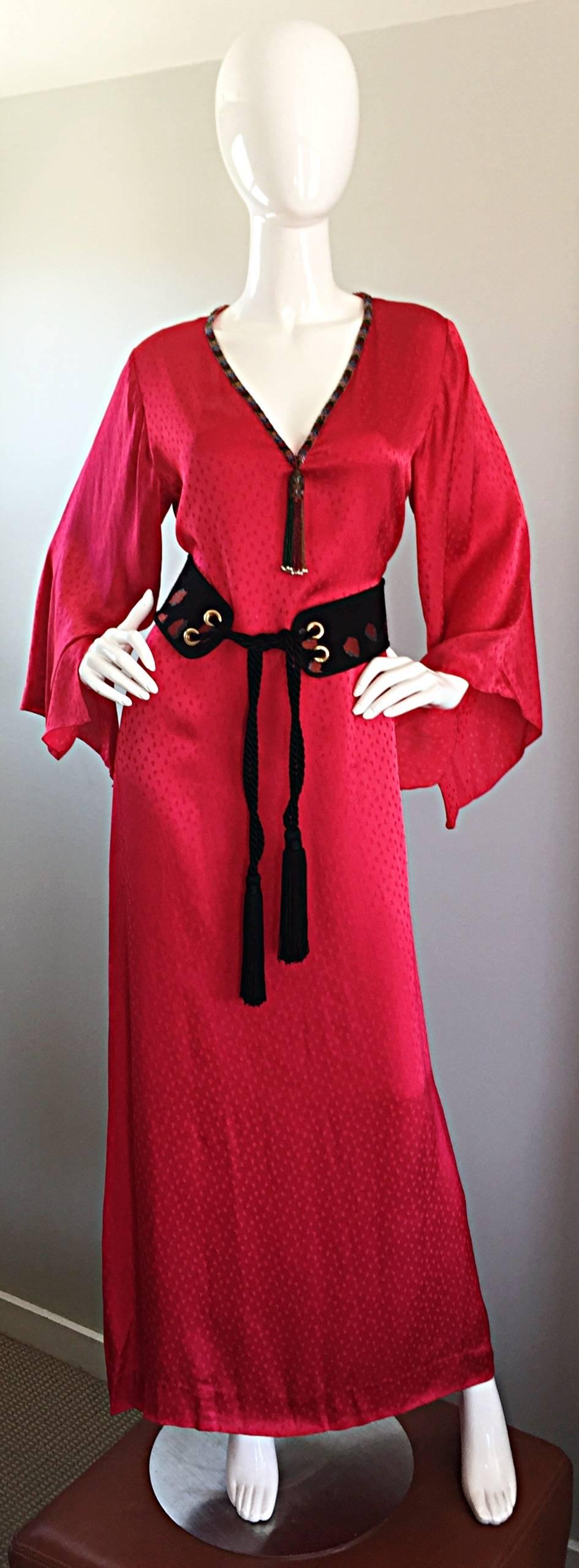 Documented Vintage Oscar de la Renta 1982 Red Silk Beaded Caftan Maxi Dress  3