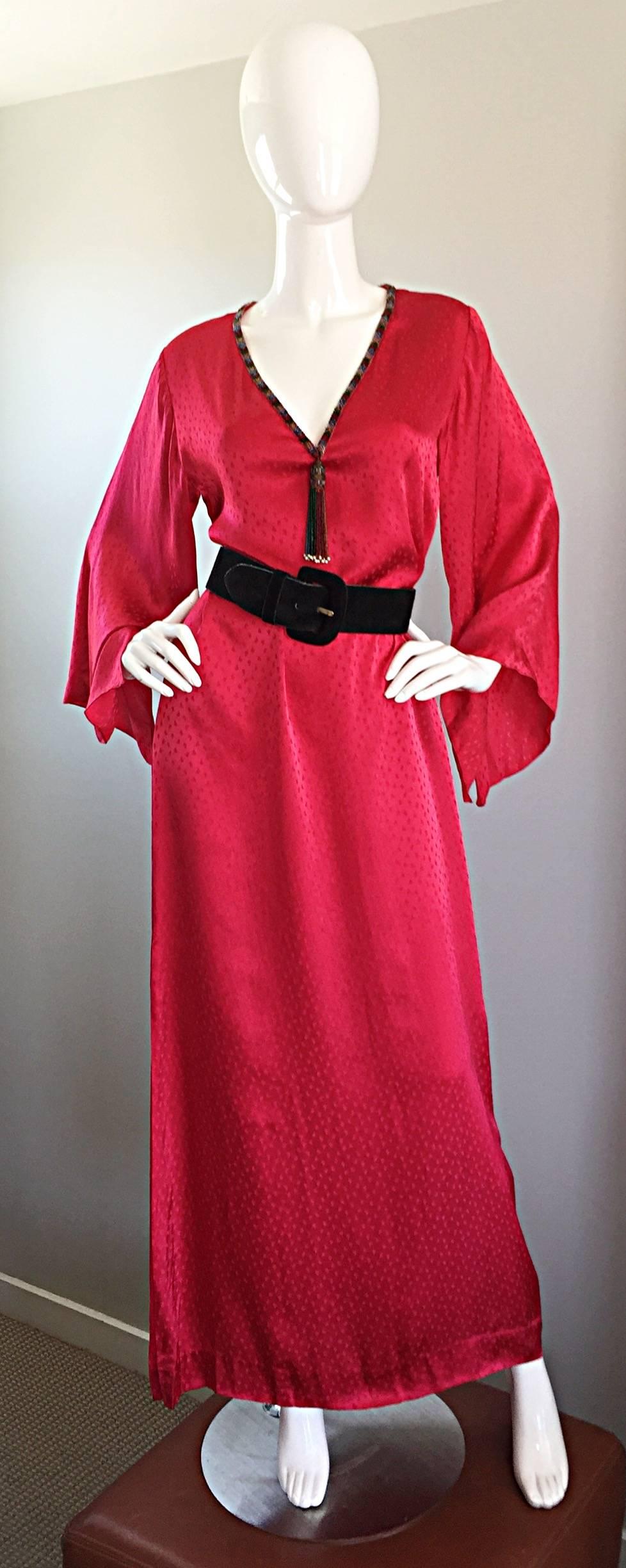 Documented Vintage Oscar de la Renta 1982 Red Silk Beaded Caftan Maxi Dress  4