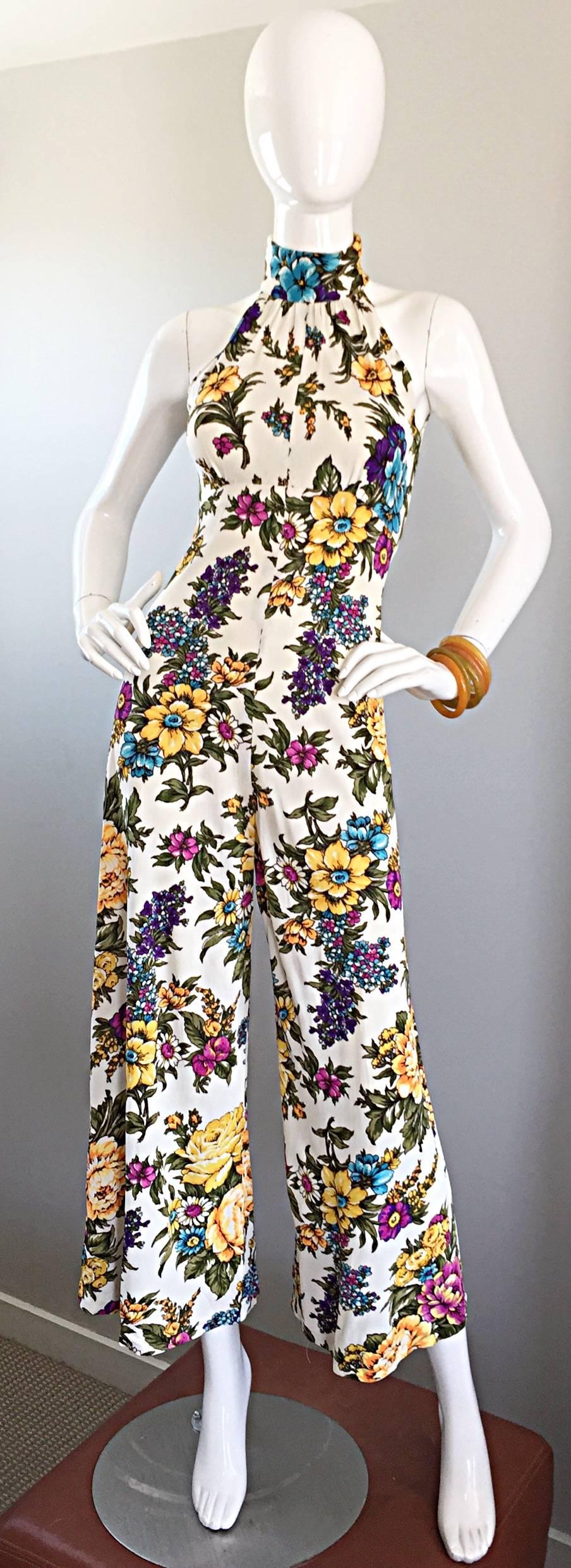 Women's Amazing 1970s Wide Leg High Neck Flower Vintage 70s Cropped Jumpsuit Onesie