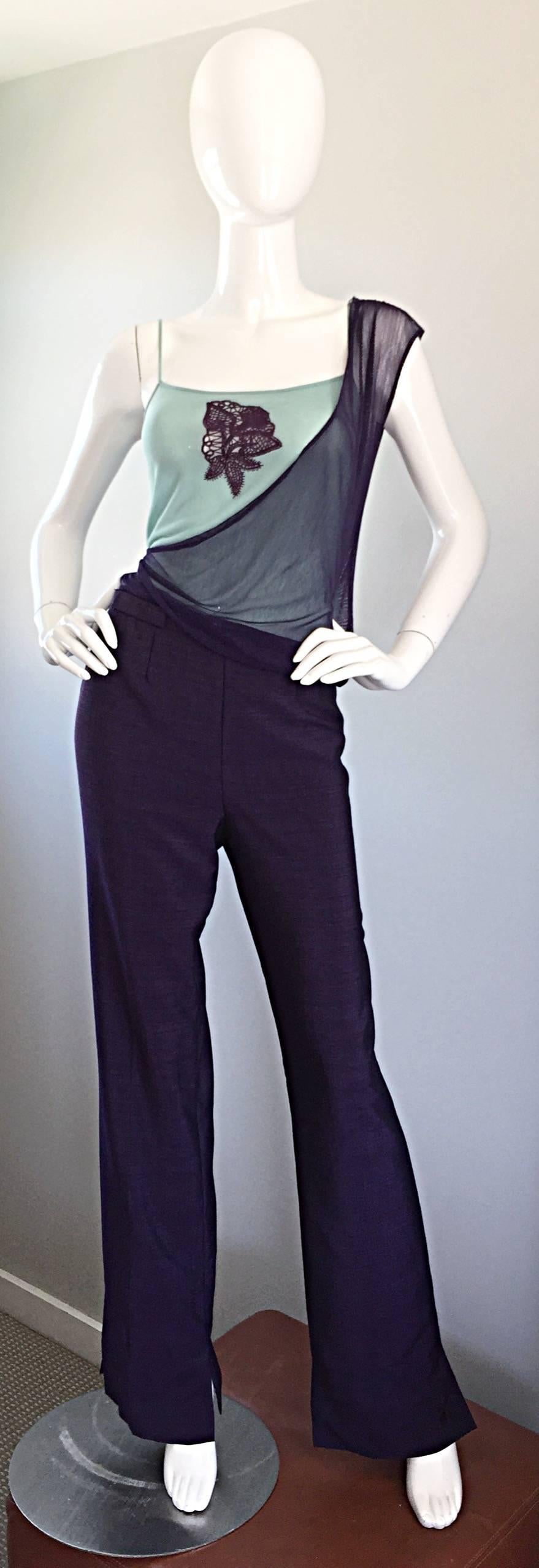 Super flattering 2000s vintage ESCADA purple high waisted wide leg / flared trousers! Beautiful regal egg plant color that is extremely versatile. Surprisingly, this color matches with so much--looks great with the pictured vintage KENZO