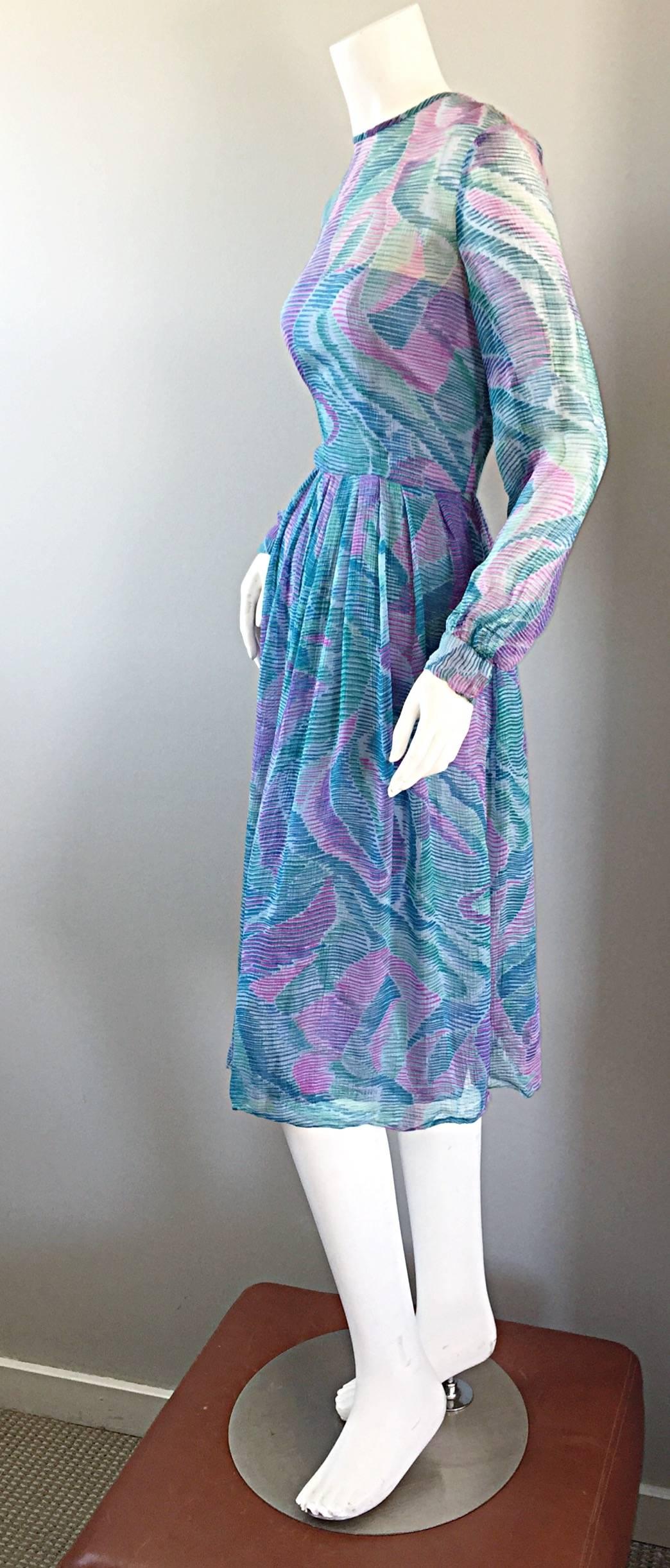 Beautiful 1970s Richilene Silk Chiffon Watercolor Vintage 70s Long Sleeve Dress In Excellent Condition In San Diego, CA