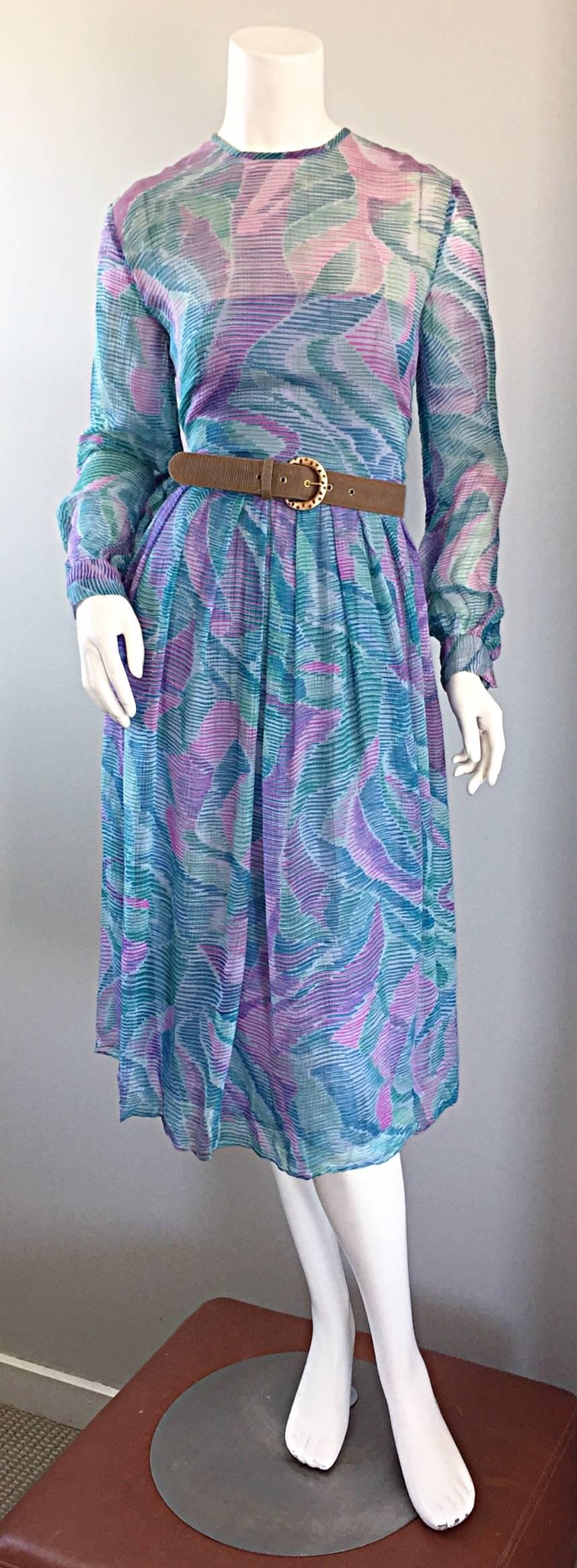 Women's Beautiful 1970s Richilene Silk Chiffon Watercolor Vintage 70s Long Sleeve Dress