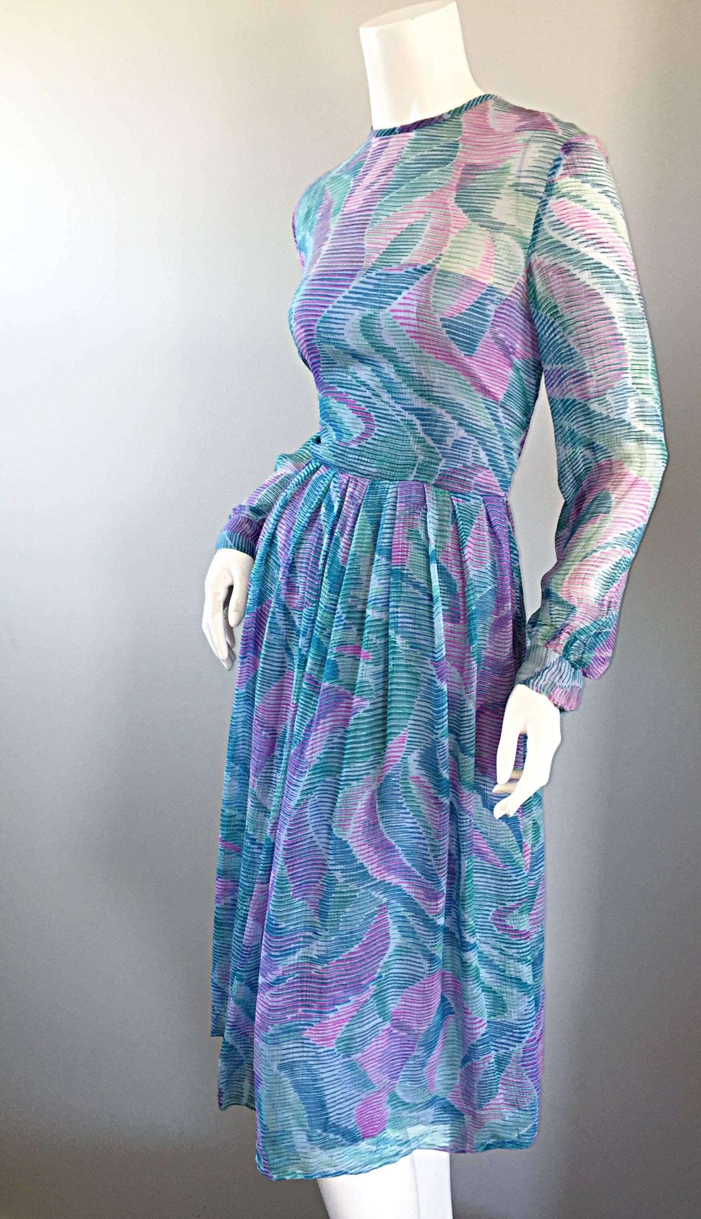 Blue Beautiful 1970s Richilene Silk Chiffon Watercolor Vintage 70s Long Sleeve Dress