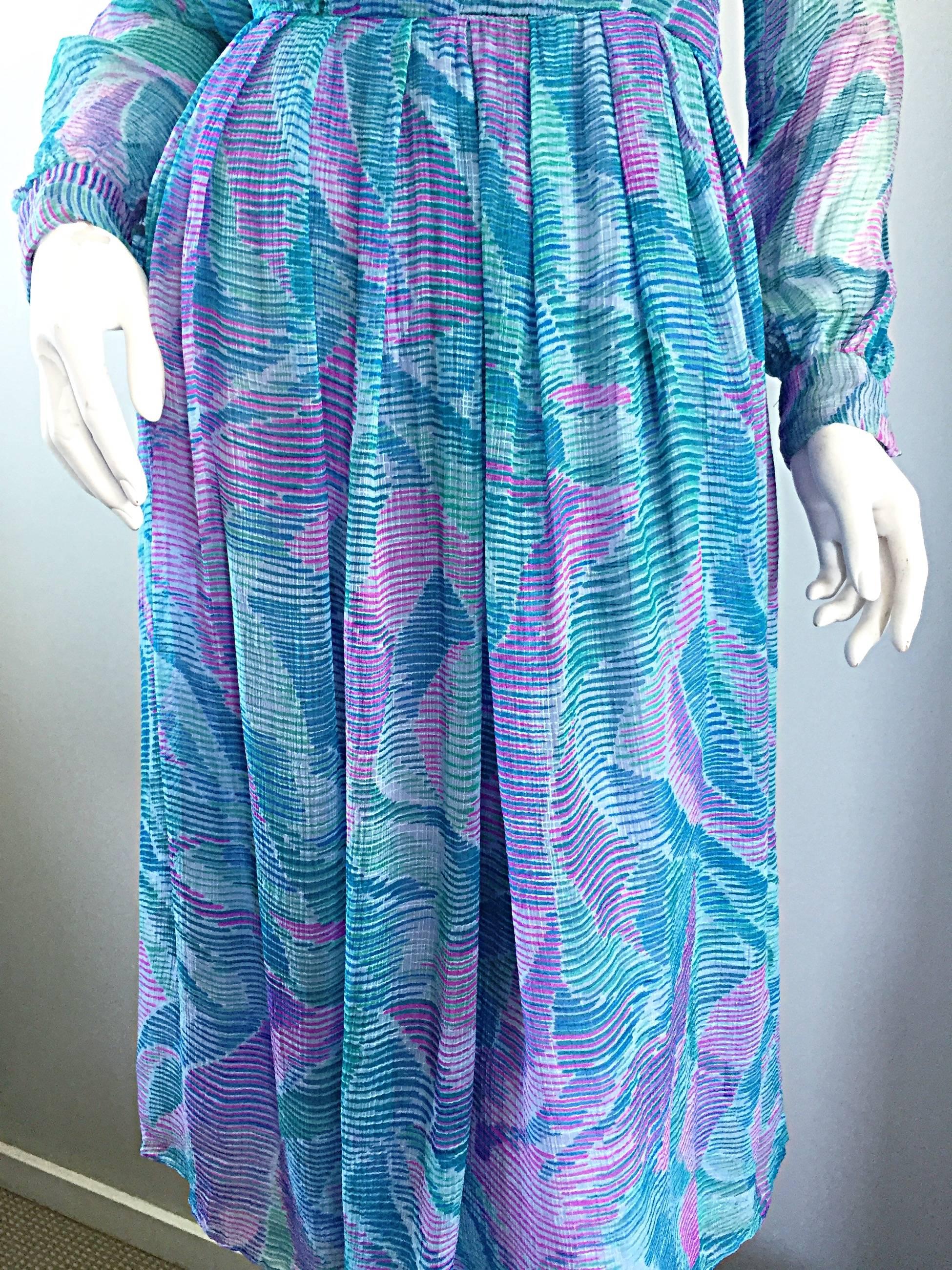 Beautiful 1970s Richilene Silk Chiffon Watercolor Vintage 70s Long Sleeve Dress 2