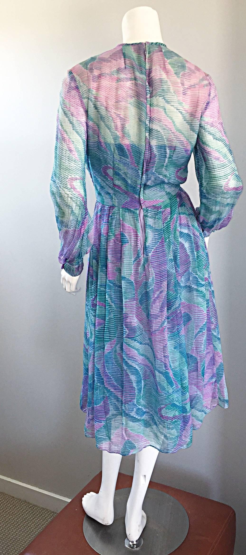 Beautiful 1970s Richilene Silk Chiffon Watercolor Vintage 70s Long Sleeve Dress 1