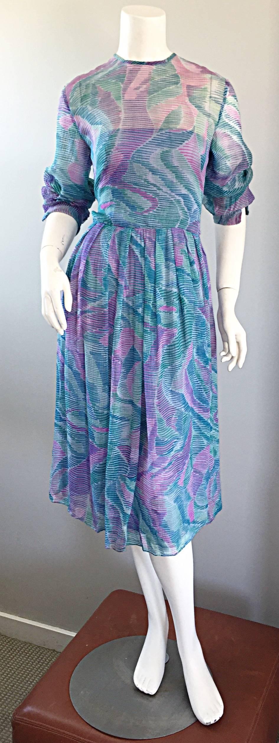 Beautiful 1970s Richilene Silk Chiffon Watercolor Vintage 70s Long Sleeve Dress 3