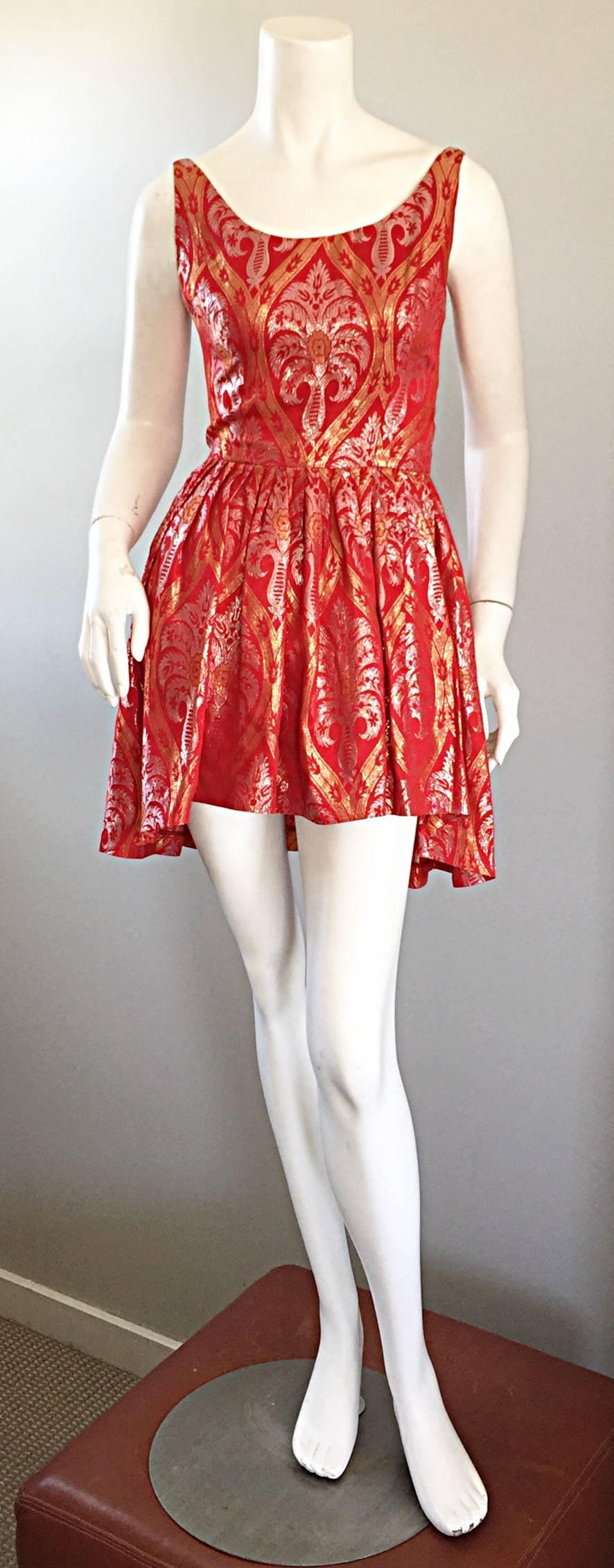 1950s Silvano of Roma for Heiser Red Gold Silver Dipped Hem Silk Mini Dress Top For Sale 3