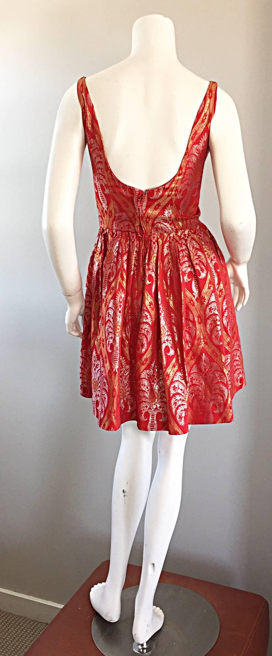 1950s Silvano of Roma for Heiser Red Gold Silver Dipped Hem Silk Mini Dress Top In Excellent Condition For Sale In San Diego, CA