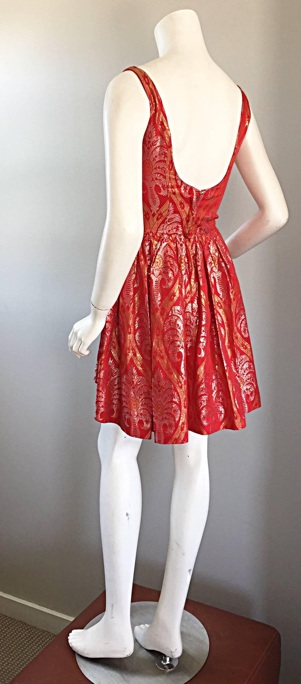 1950s Silvano of Roma for Heiser Red Gold Silver Dipped Hem Silk Mini Dress Top For Sale 1
