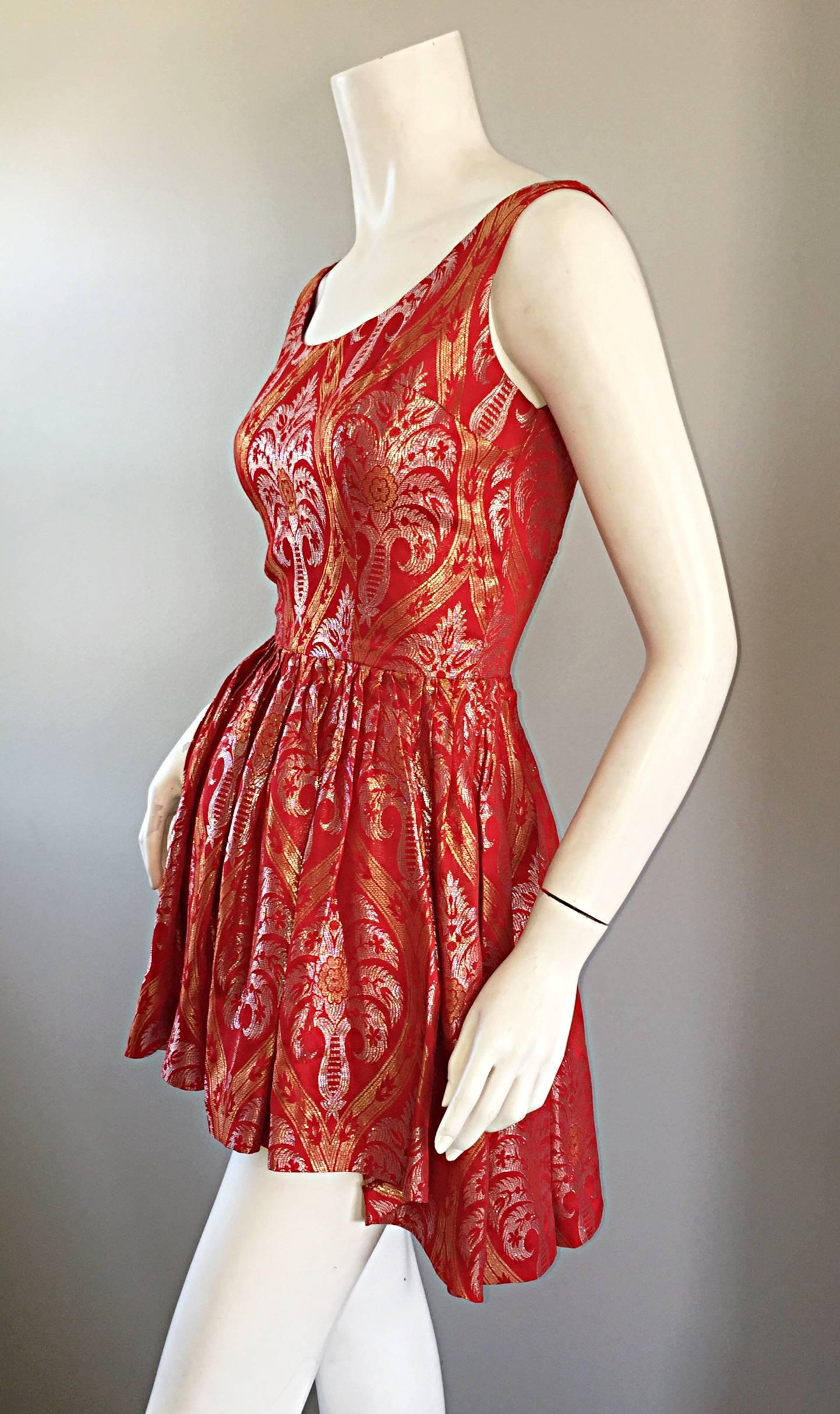 1950s Silvano of Roma for Heiser Red Gold Silver Dipped Hem Silk Mini Dress Top For Sale 2