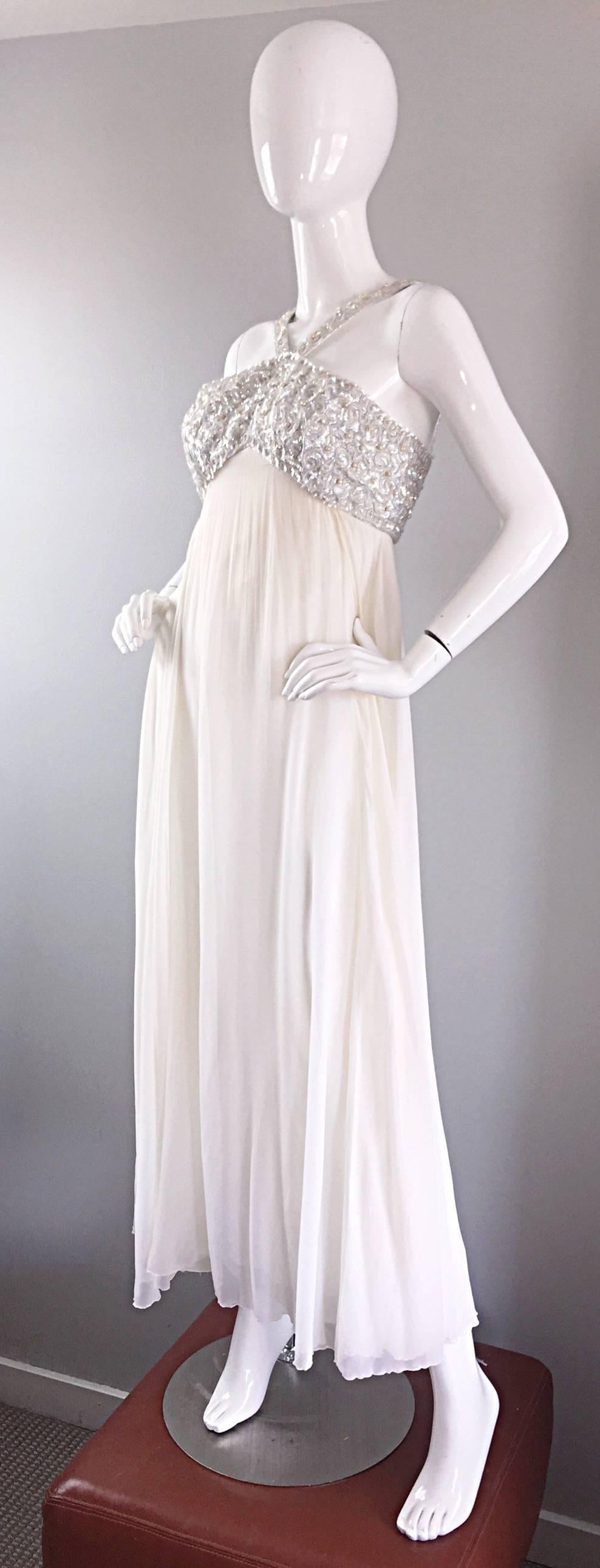 Ethereal Emma Domb 1960s White Chiffon Sequins + Pearls 60s Empire Waist Gown  In Excellent Condition In San Diego, CA