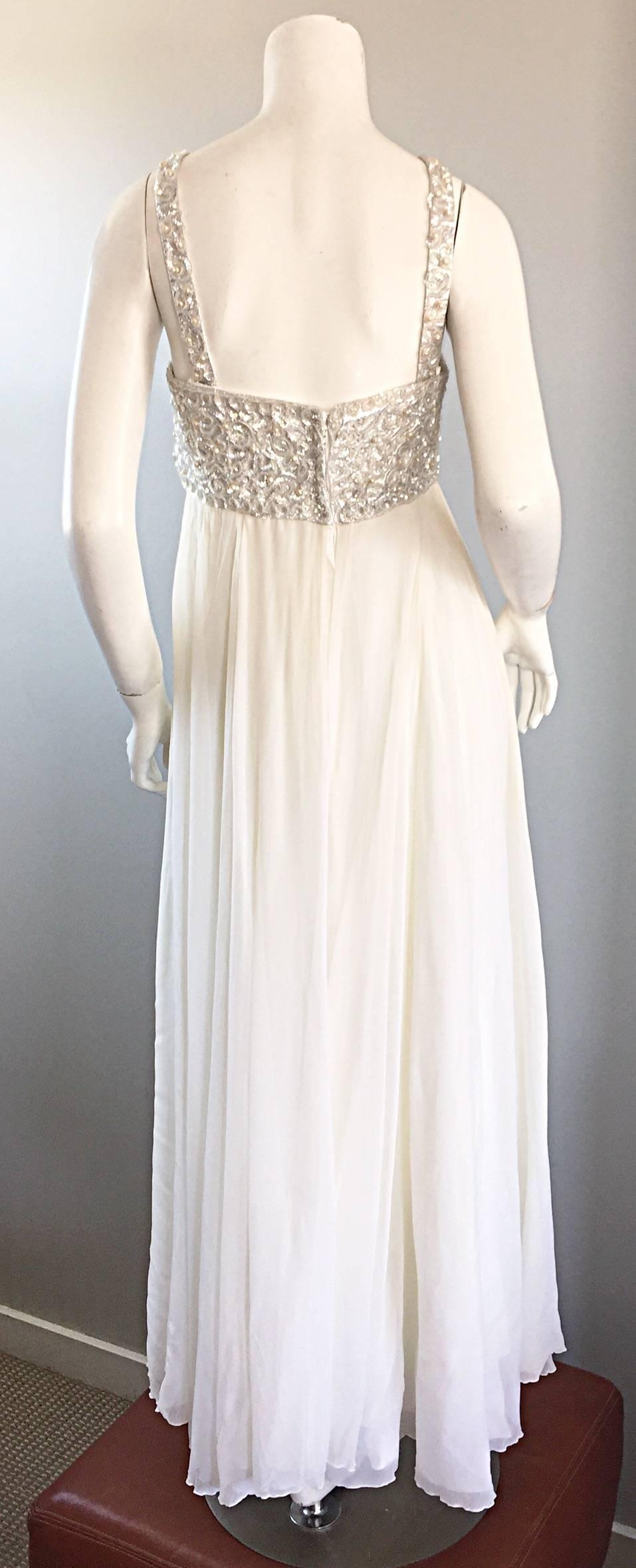Women's Ethereal Emma Domb 1960s White Chiffon Sequins + Pearls 60s Empire Waist Gown 