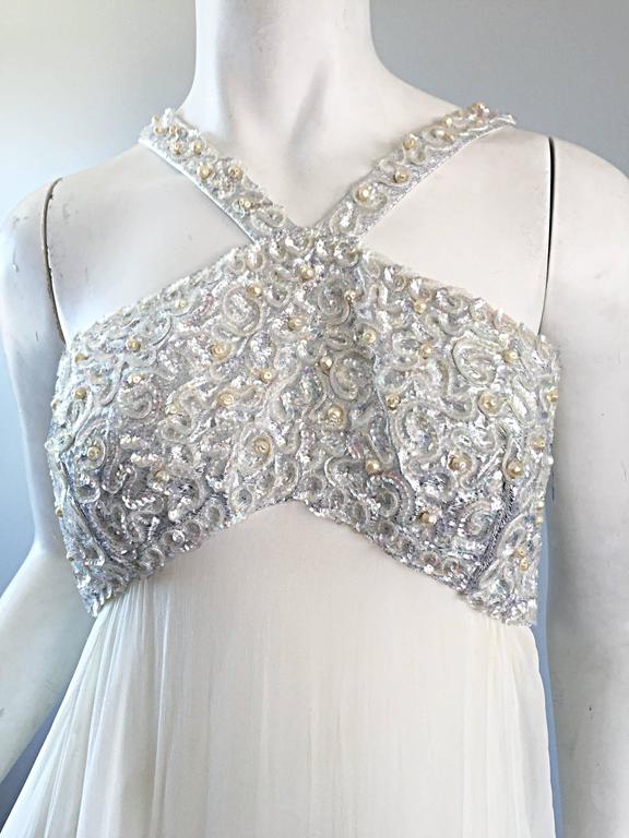 Ethereal Emma Domb 1960s White Chiffon Sequins + Pearls 60s Empire Waist Gown  For Sale 4