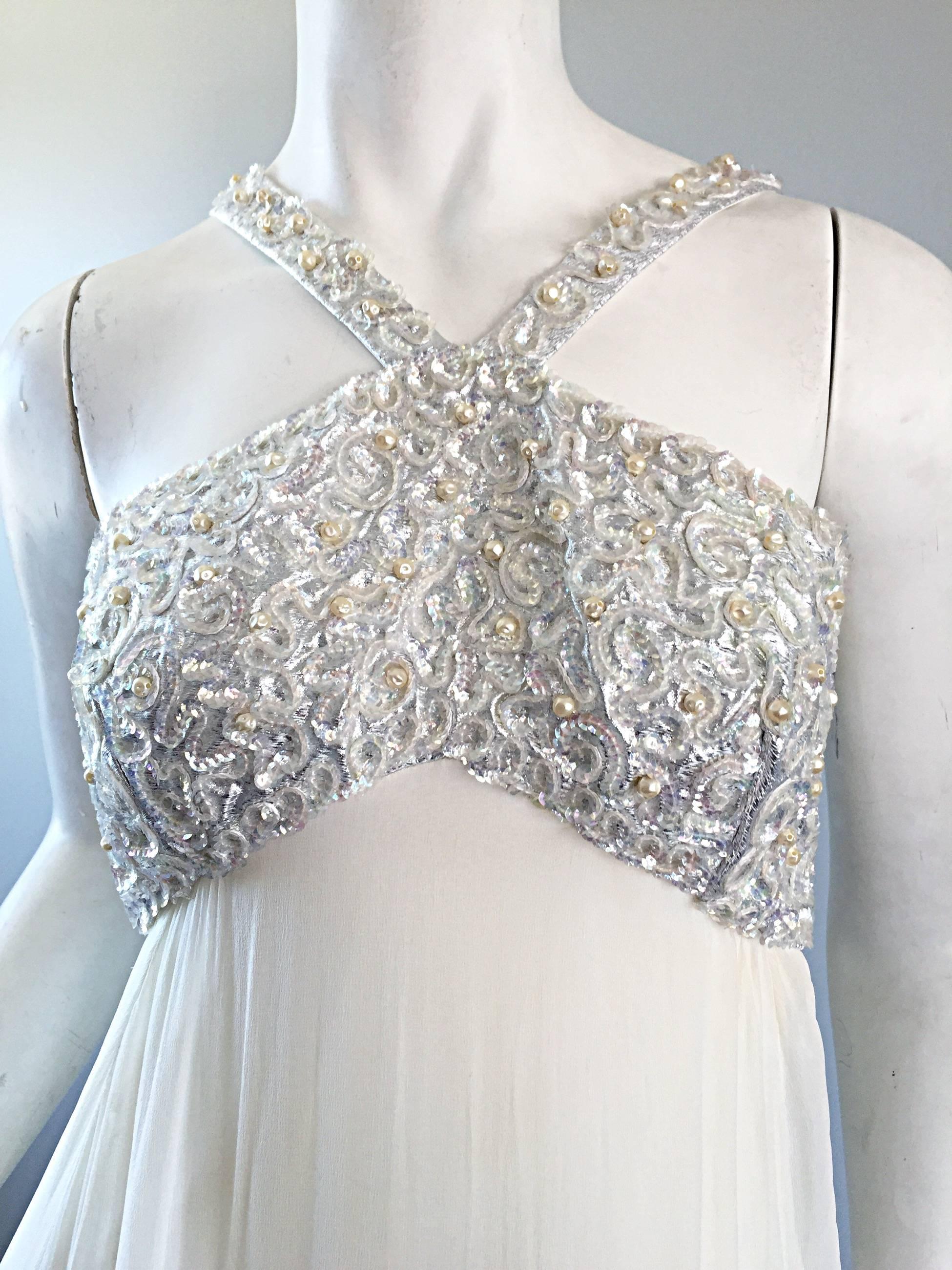 Ethereal Emma Domb 1960s White Chiffon Sequins + Pearls 60s Empire Waist Gown  1