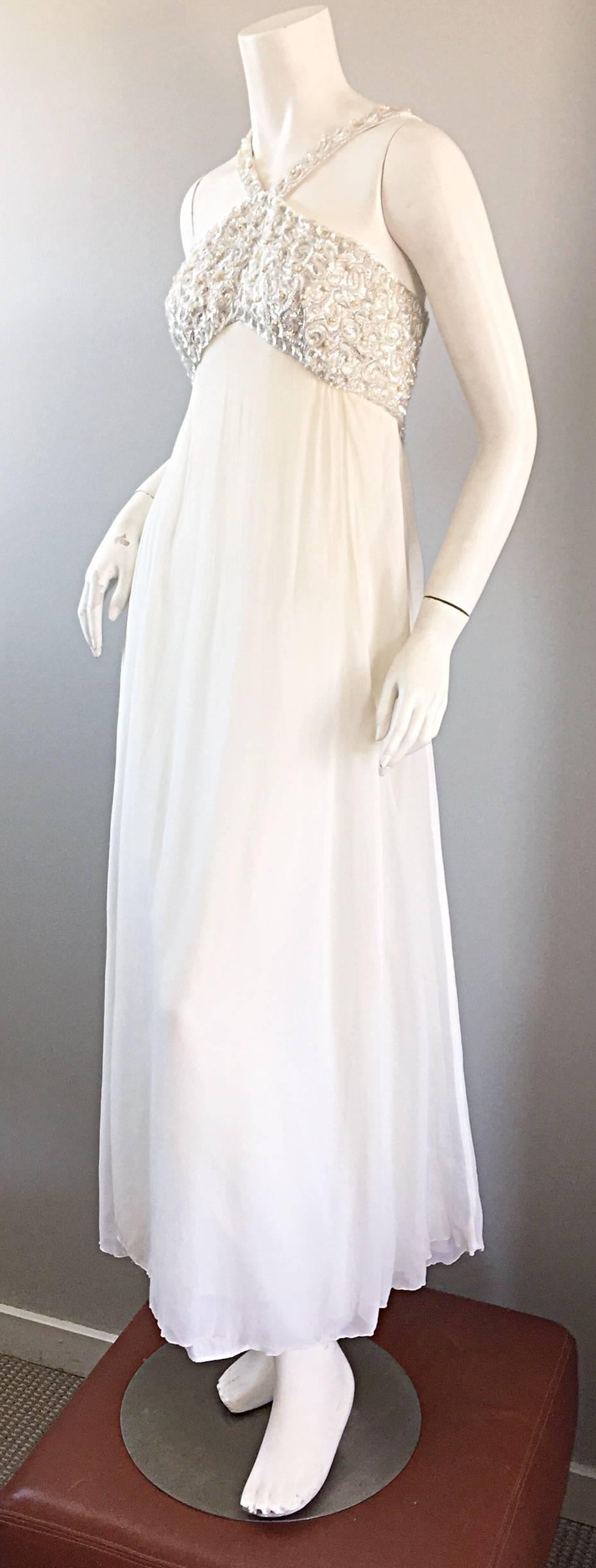 Ethereal Emma Domb 1960s White Chiffon Sequins + Pearls 60s Empire Waist Gown  2