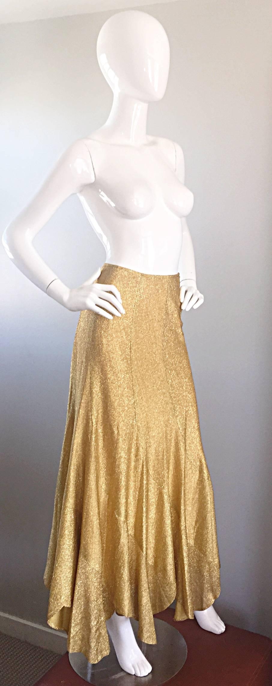 Brown Incredible 1970s Beverly Paige Gold Metallic Asymmetrical Handkerchief Hem Skirt