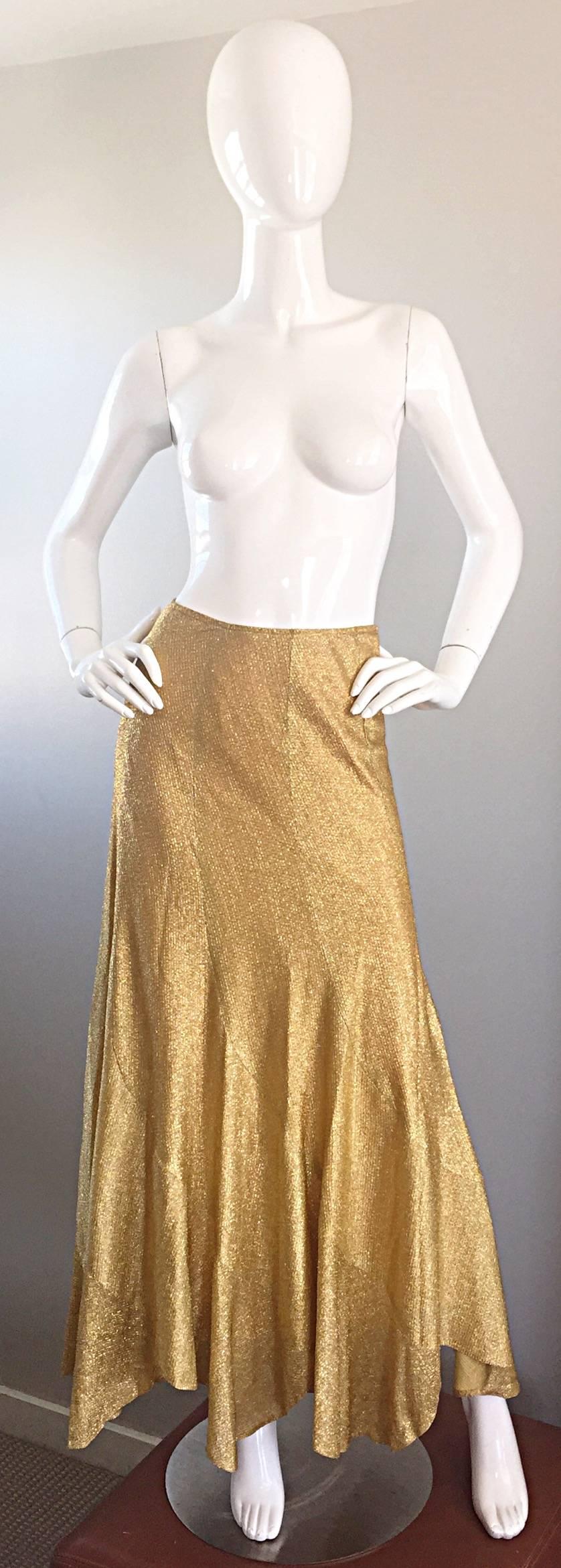 Incredible 1970s Beverly Paige Gold Metallic Asymmetrical Handkerchief Hem Skirt 4