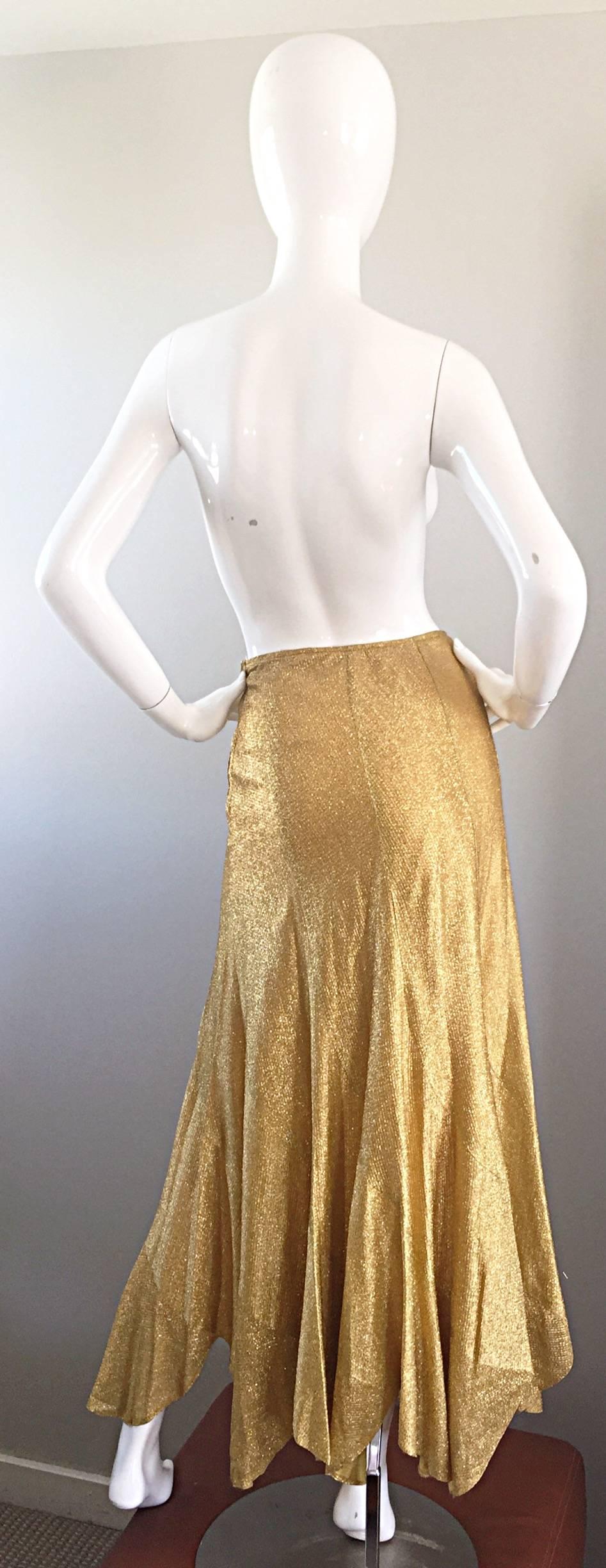 Women's Incredible 1970s Beverly Paige Gold Metallic Asymmetrical Handkerchief Hem Skirt