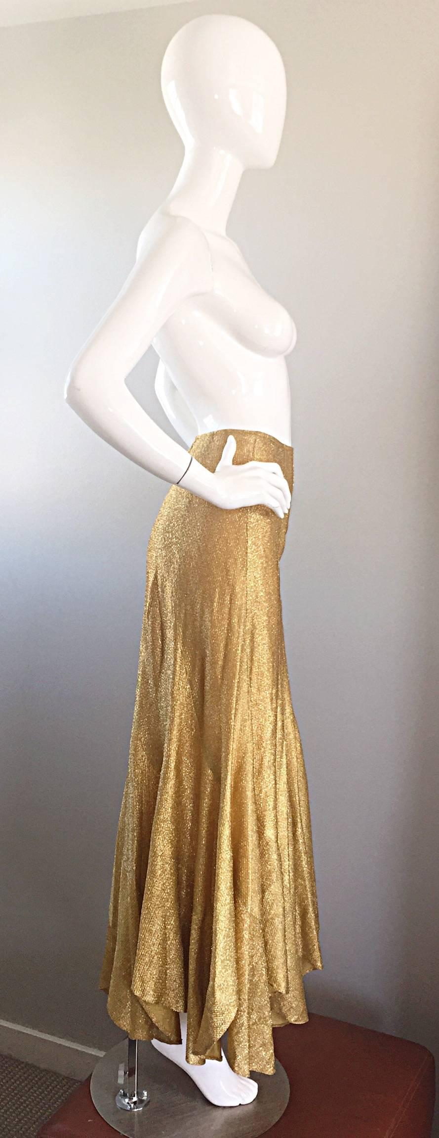Incredible 1970s Beverly Paige Gold Metallic Asymmetrical Handkerchief Hem Skirt In Excellent Condition In San Diego, CA