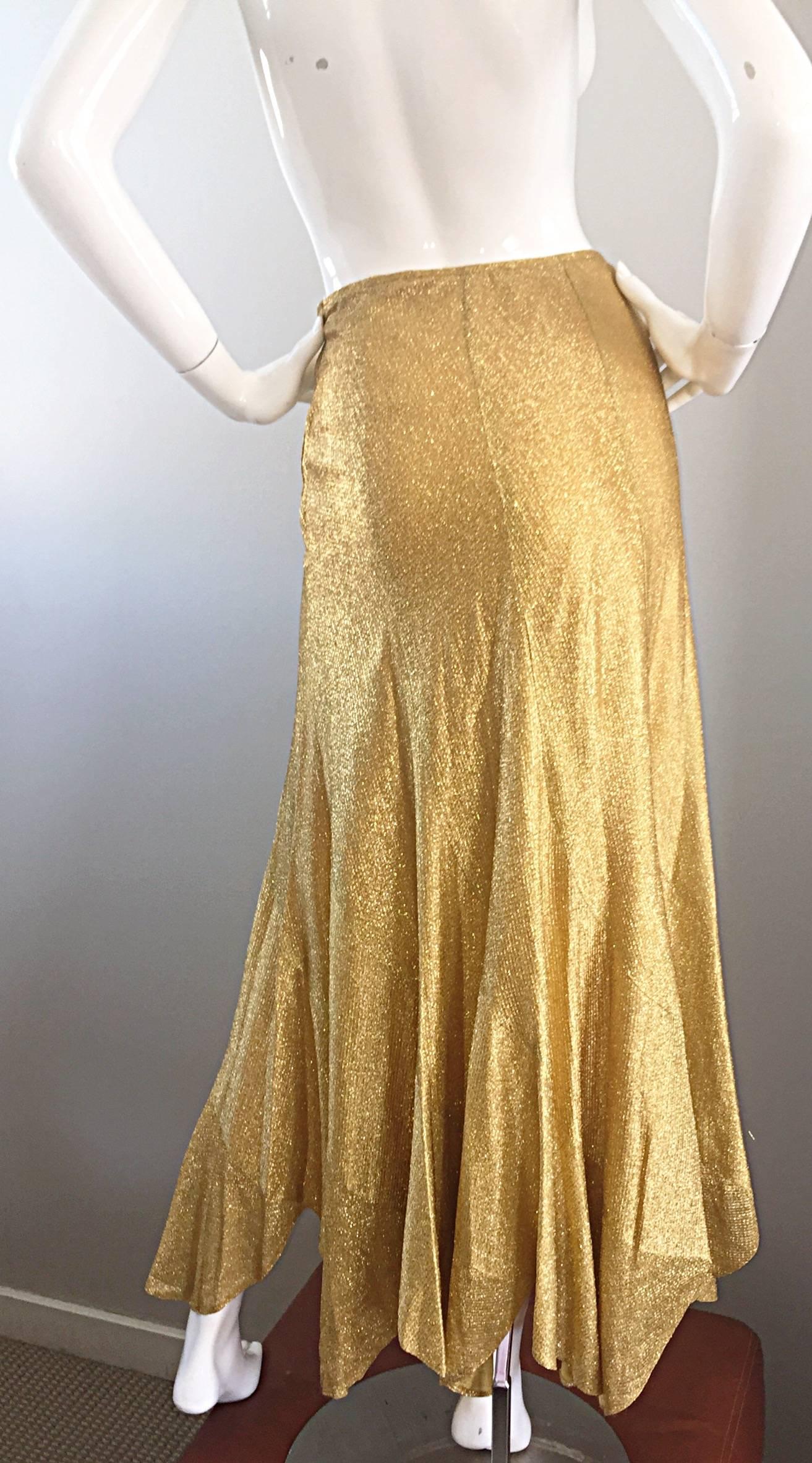 Incredible 1970s Beverly Paige Gold Metallic Asymmetrical Handkerchief Hem Skirt 2
