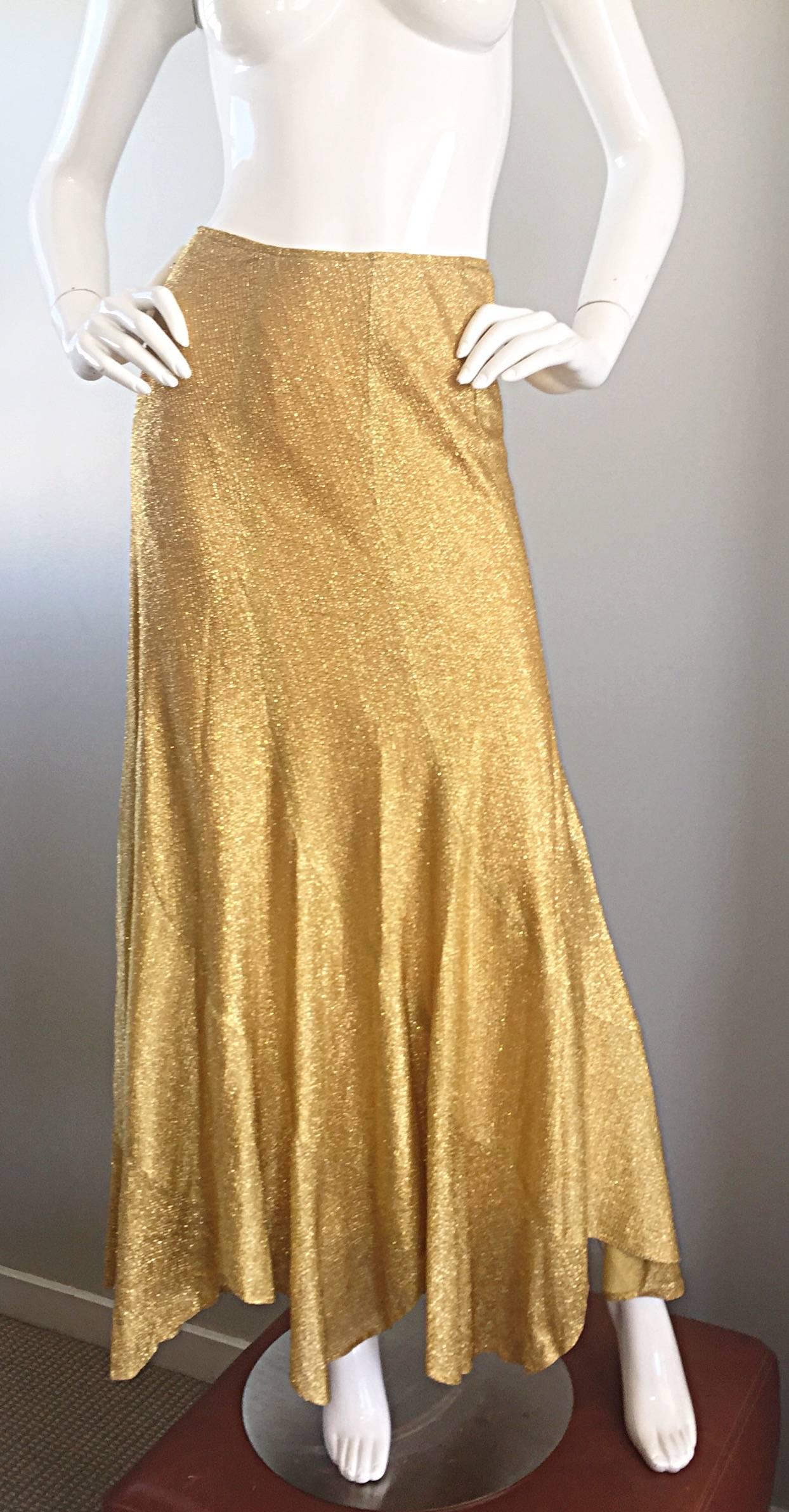 Incredible 1970s Beverly Paige Gold Metallic Asymmetrical Handkerchief Hem Skirt 1