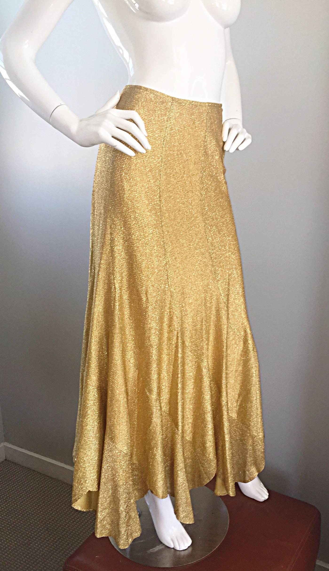 Incredible 1970s Beverly Paige Gold Metallic Asymmetrical Handkerchief Hem Skirt 3