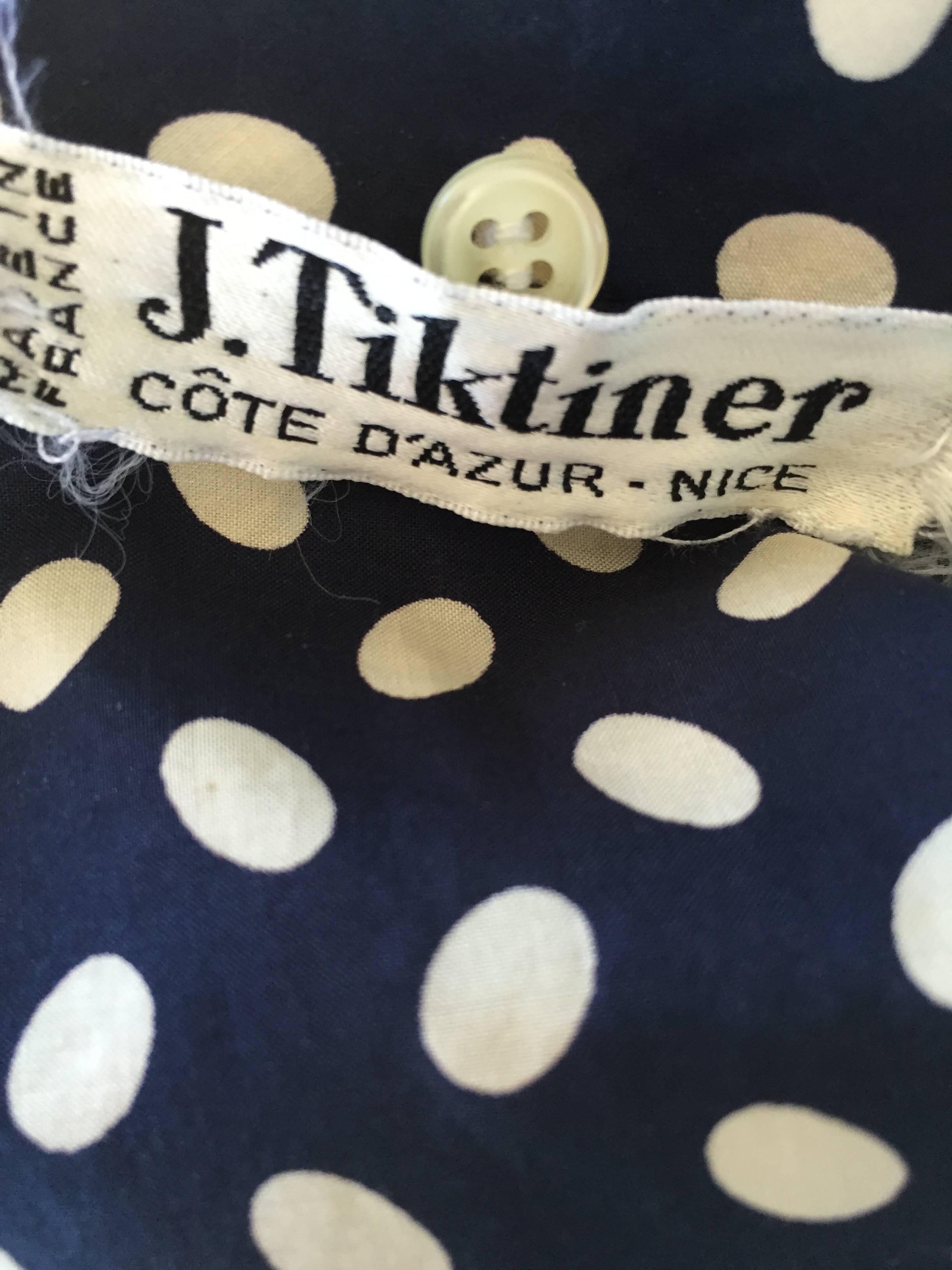 Vintage J. Tiktiner Cote D'Azur - Nice Navy Blue + White Polka Dot Belted Dress 2