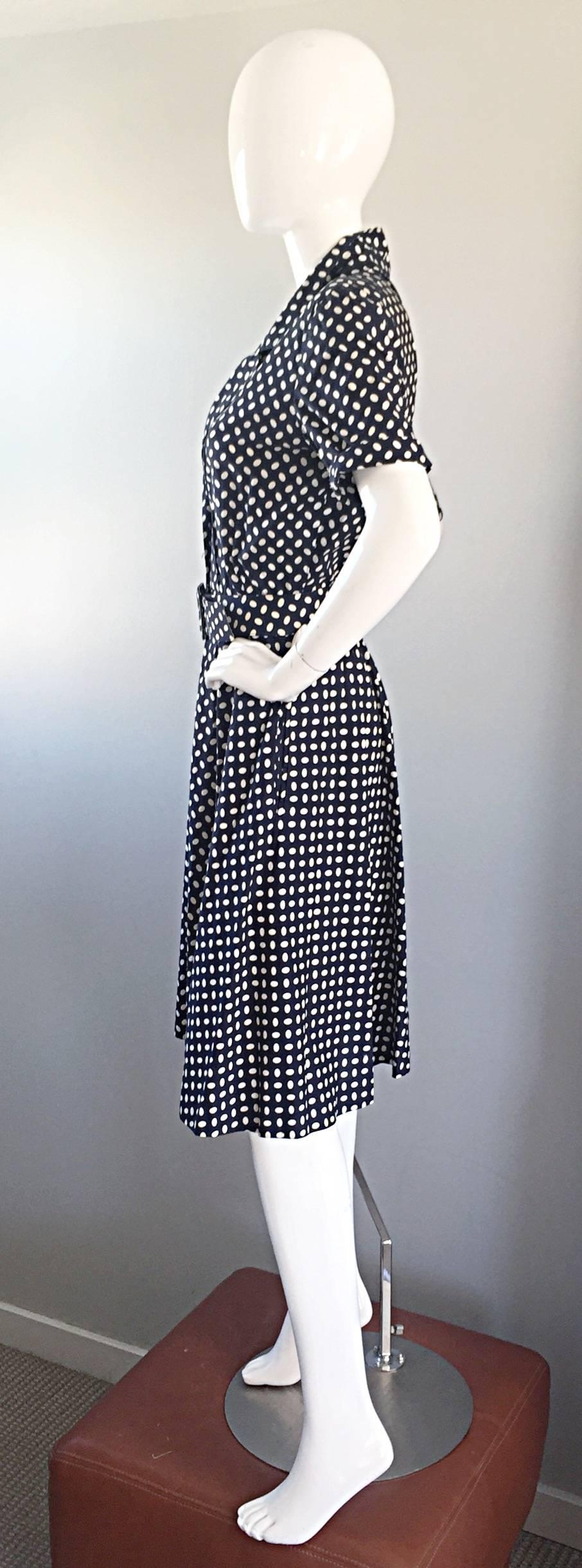 Black Vintage J. Tiktiner Cote D'Azur - Nice Navy Blue + White Polka Dot Belted Dress