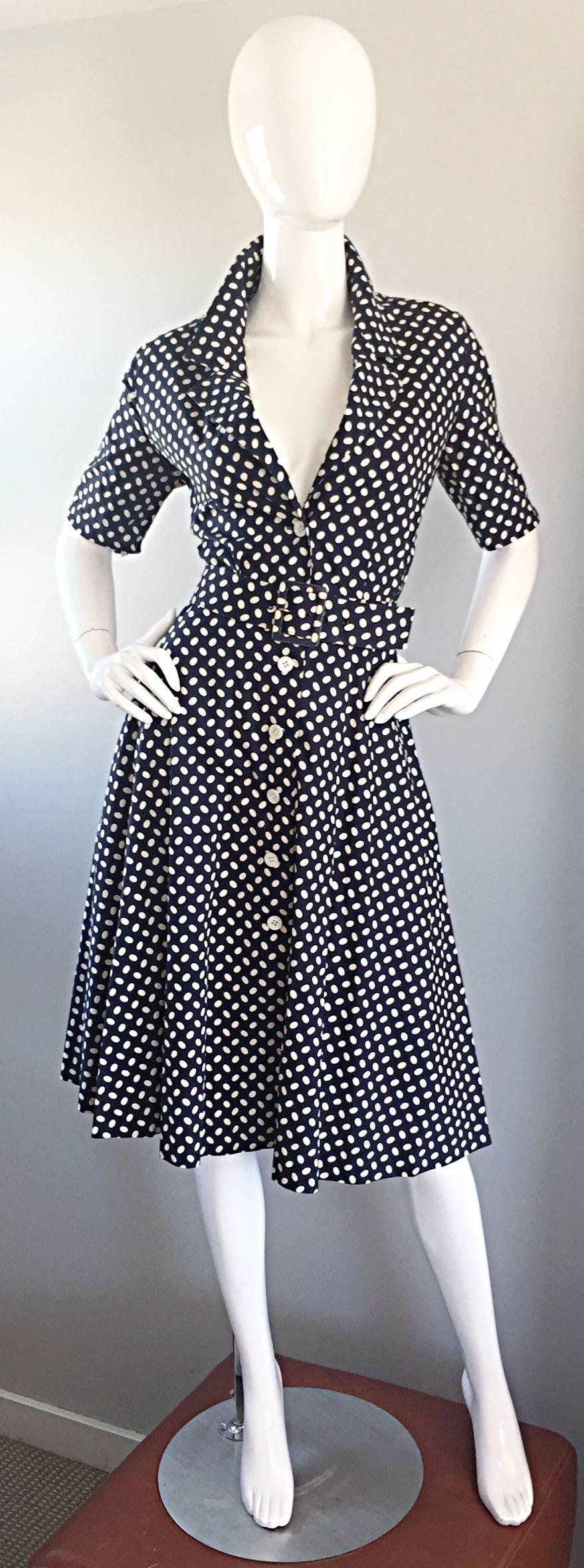 Vintage J. Tiktiner Cote D'Azur - Nice Navy Blue + White Polka Dot Belted Dress In Excellent Condition In San Diego, CA