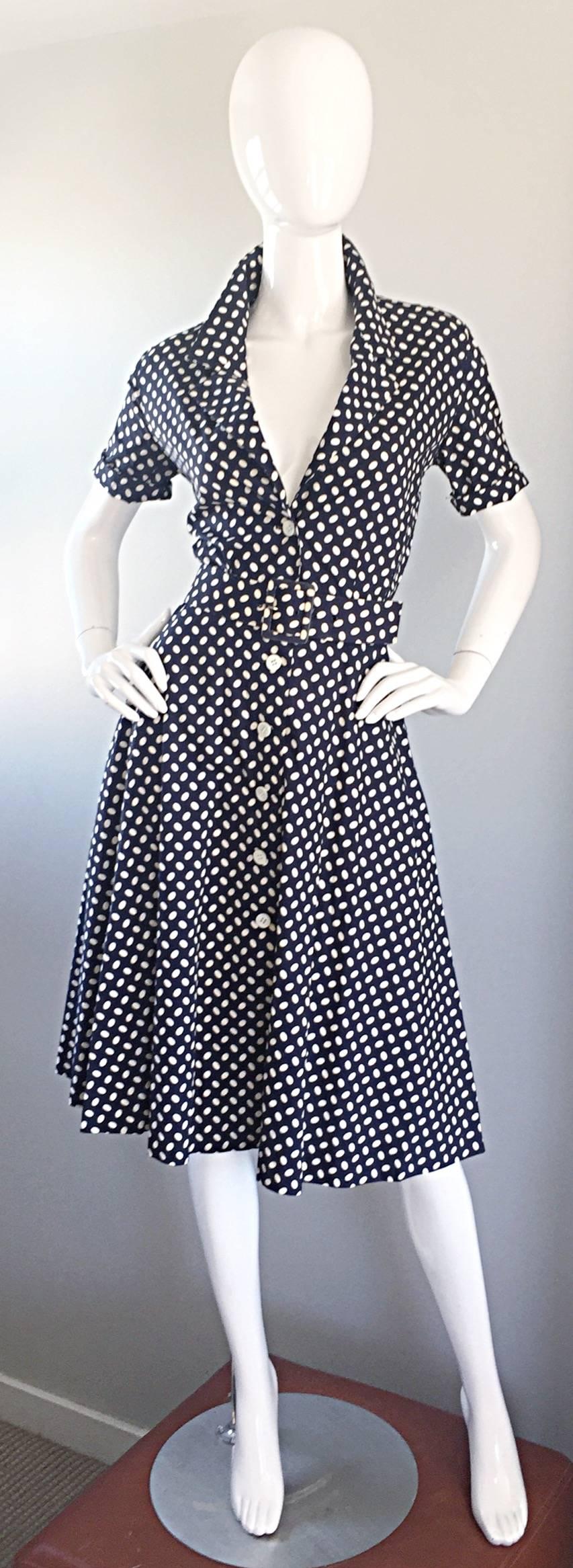 Vintage J. Tiktiner Cote D'Azur - Nice Navy Blue + White Polka Dot Belted Dress 1