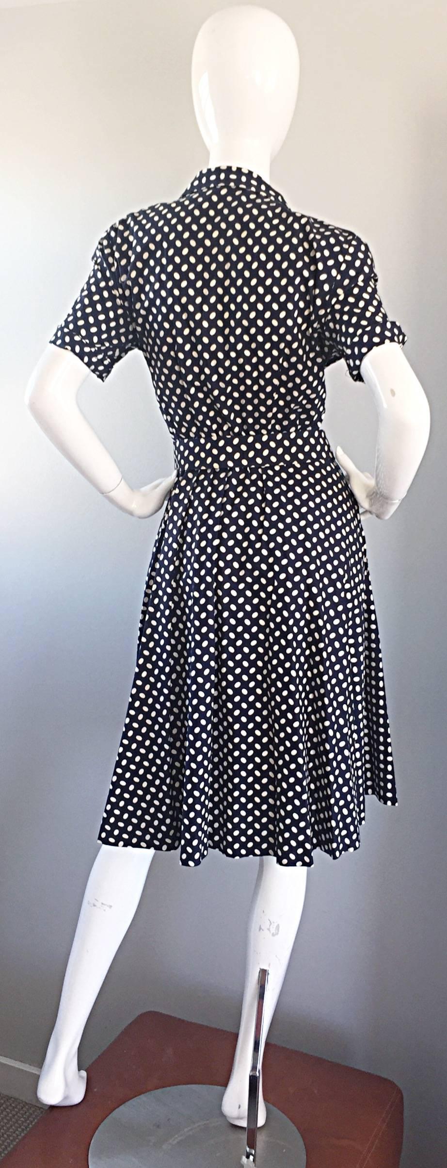 Women's Vintage J. Tiktiner Cote D'Azur - Nice Navy Blue + White Polka Dot Belted Dress
