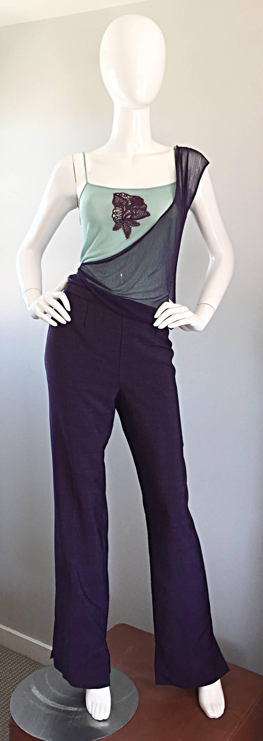 Chic vintage 1980s KENZO top from his RARE JUNGLE line! Light blue silk cami with an attached purple / eggplant mesh overlay that covers one side of the bodice. Matching purple lace crochet detail at center bust. Super flattering stretch to fit