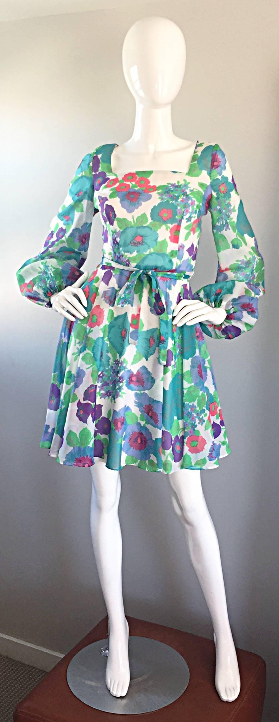 1960s Vintage Flower Printed Chiffon Blue, Purple, Green, Pink Babydoll Dress For Sale 3