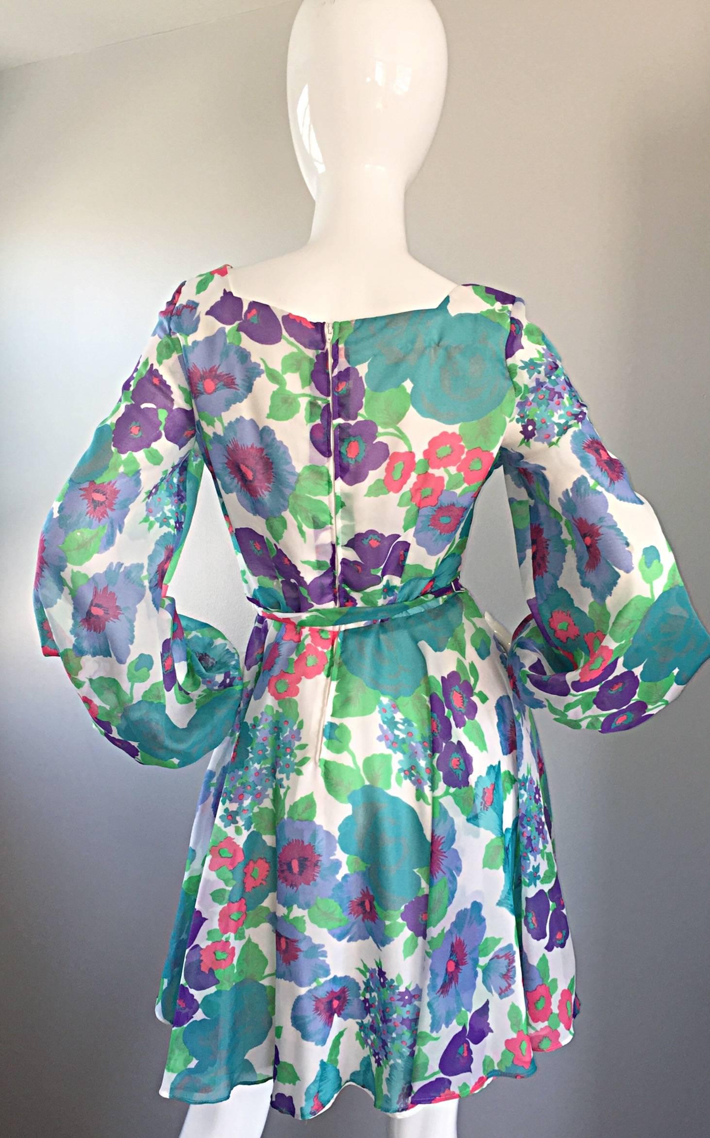 1960s Vintage Flower Printed Chiffon Blue, Purple, Green, Pink Babydoll Dress For Sale 1