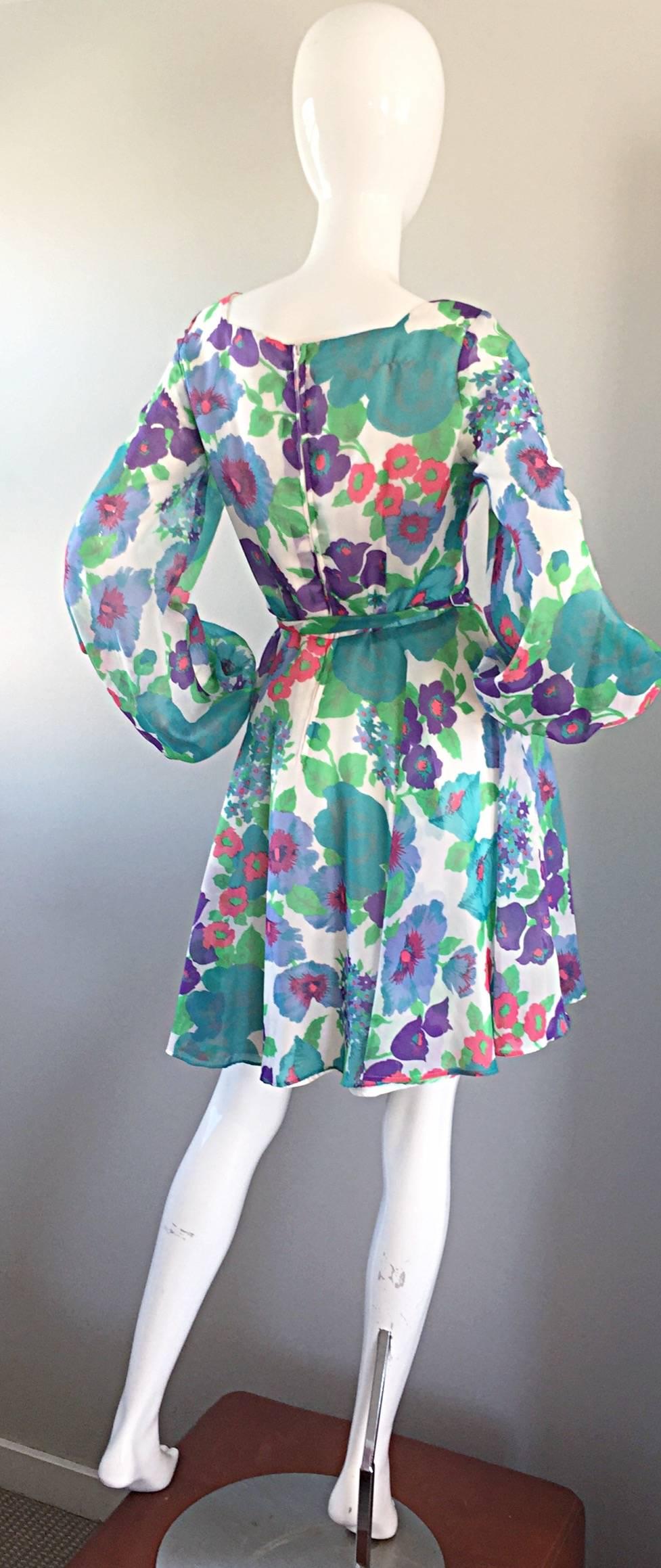 1960s Vintage Flower Printed Chiffon Blue, Purple, Green, Pink Babydoll Dress For Sale 2
