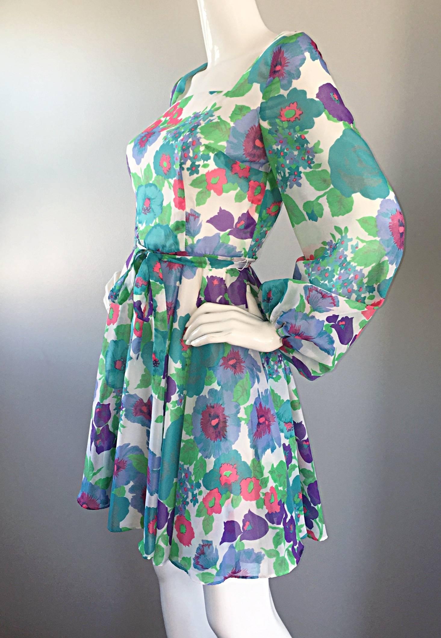 Women's 1960s Vintage Flower Printed Chiffon Blue, Purple, Green, Pink Babydoll Dress For Sale