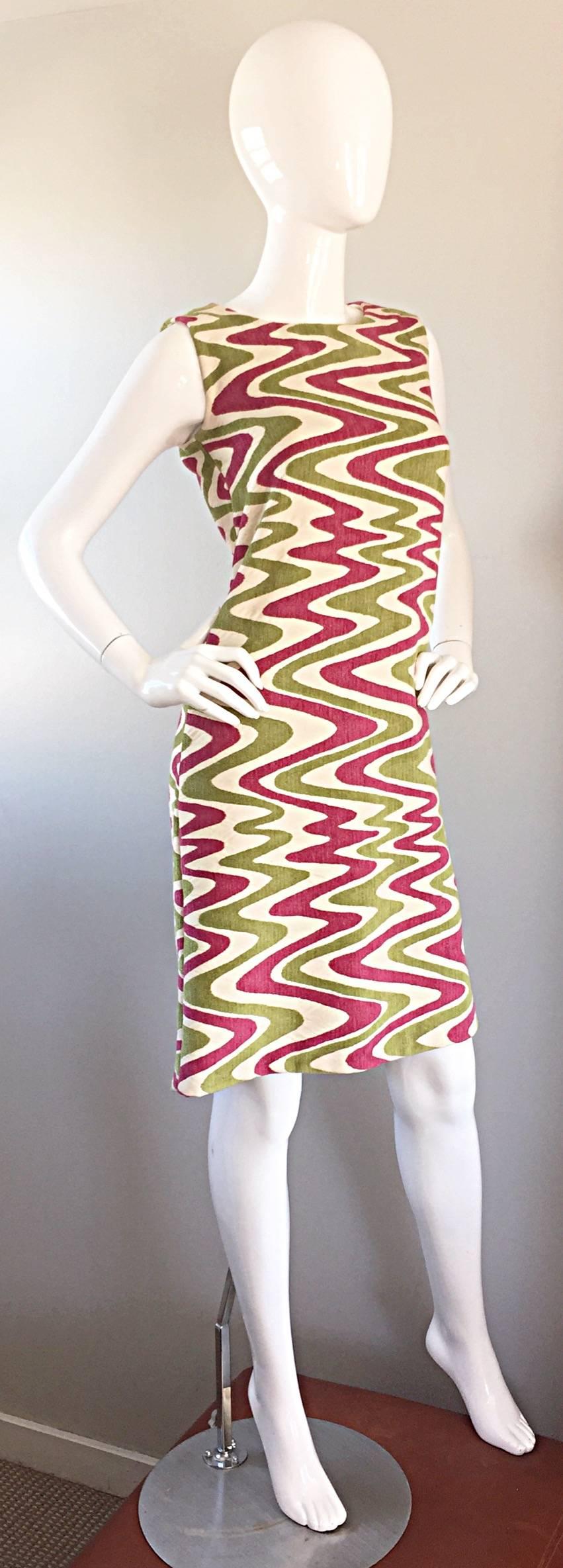Green Pink and Chartreuse Abstract Op Art Print Vintage A Line Shift Dress, 1960s