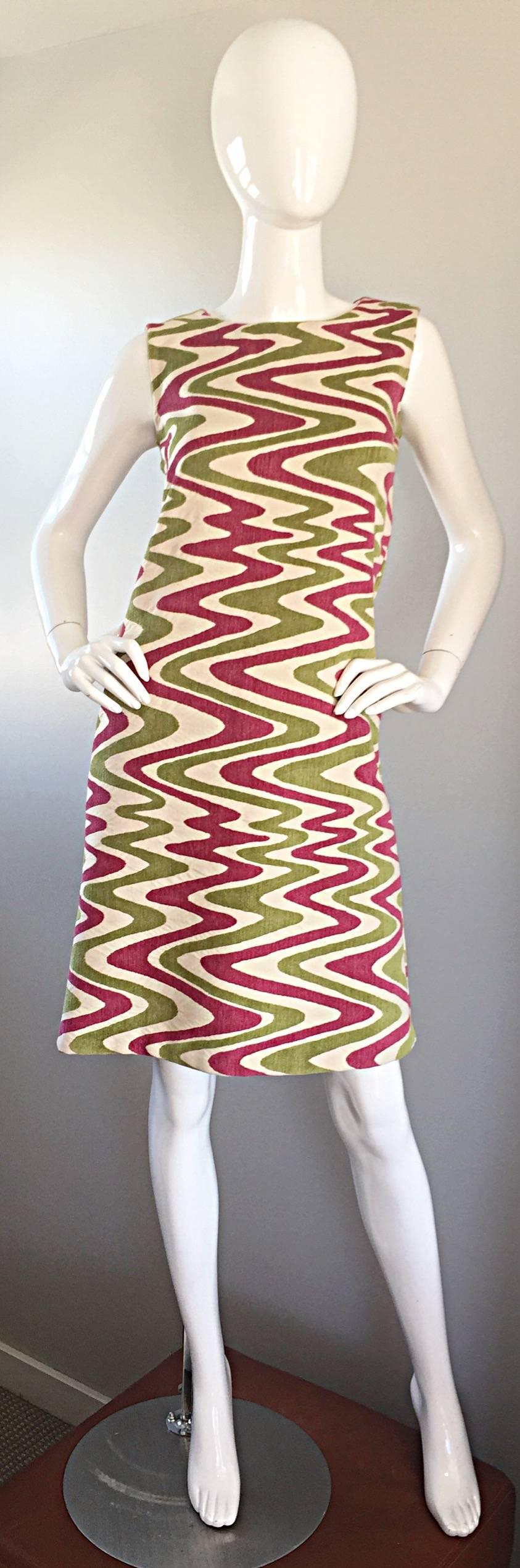 Pink and Chartreuse Abstract Op Art Print Vintage A Line Shift Dress, 1960s 4