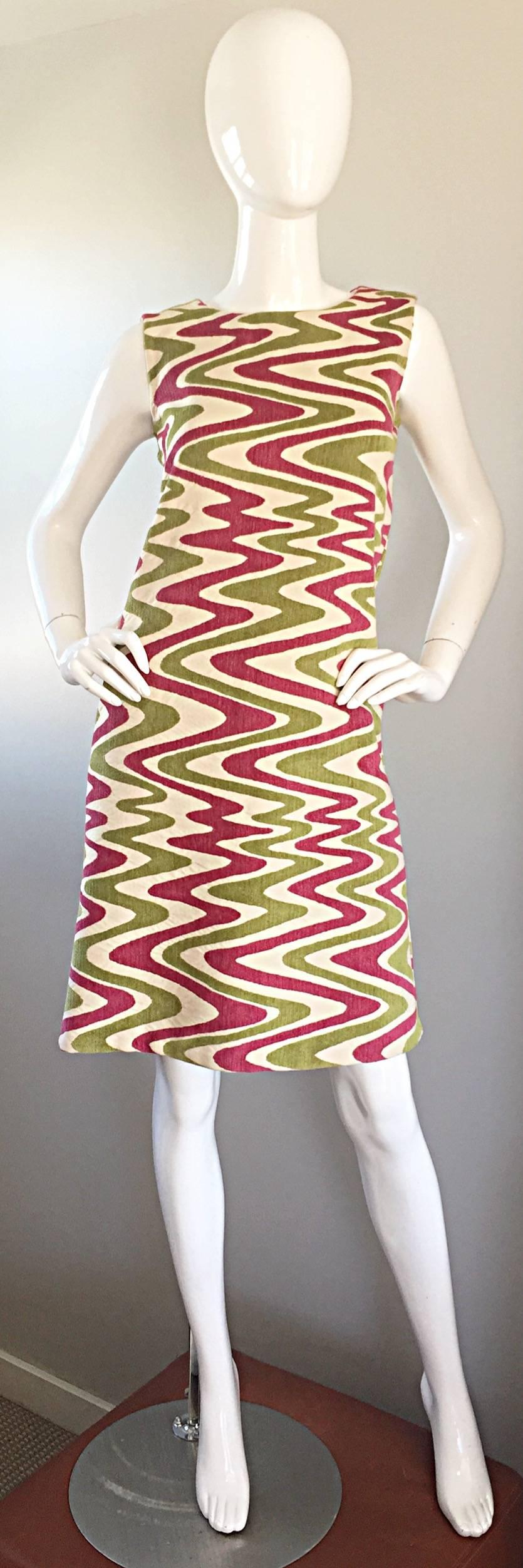 This dress is not for the faint of heart! Simply AMAZING ivory heavy duty cotton sleeveless dress, with chartreuse green and fuchsia pink velveteen op art print! Expertly tailored in that the prints match up exactly on the back seam! Wonderful