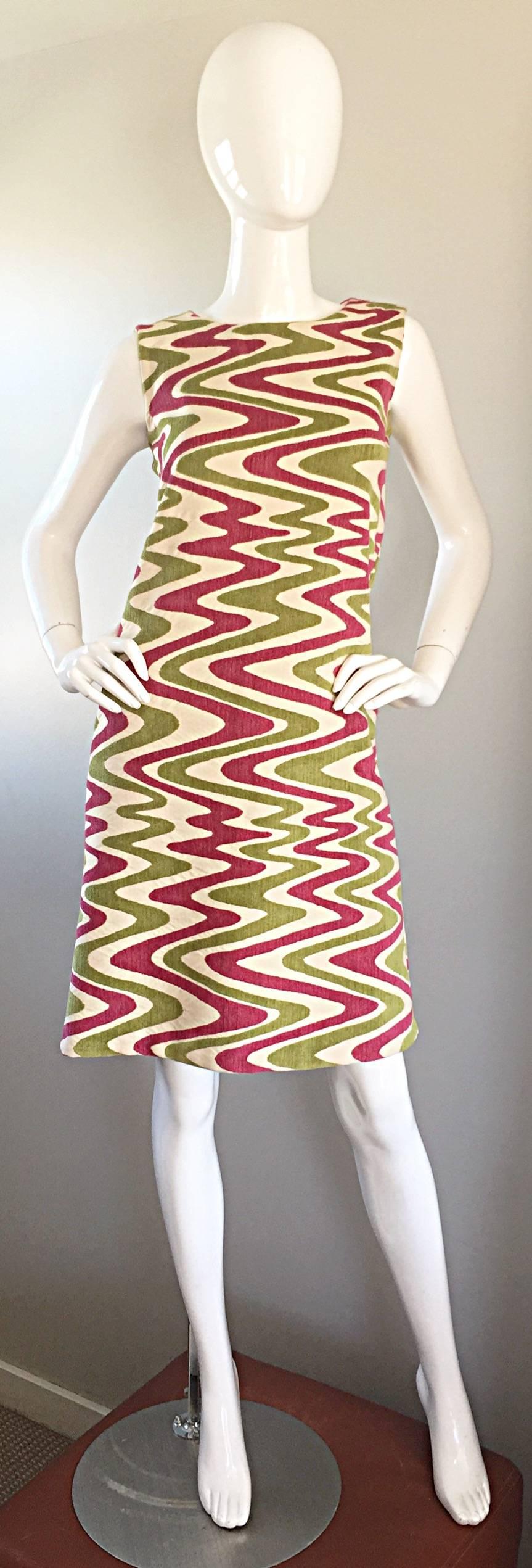 Pink and Chartreuse Abstract Op Art Print Vintage A Line Shift Dress, 1960s 1