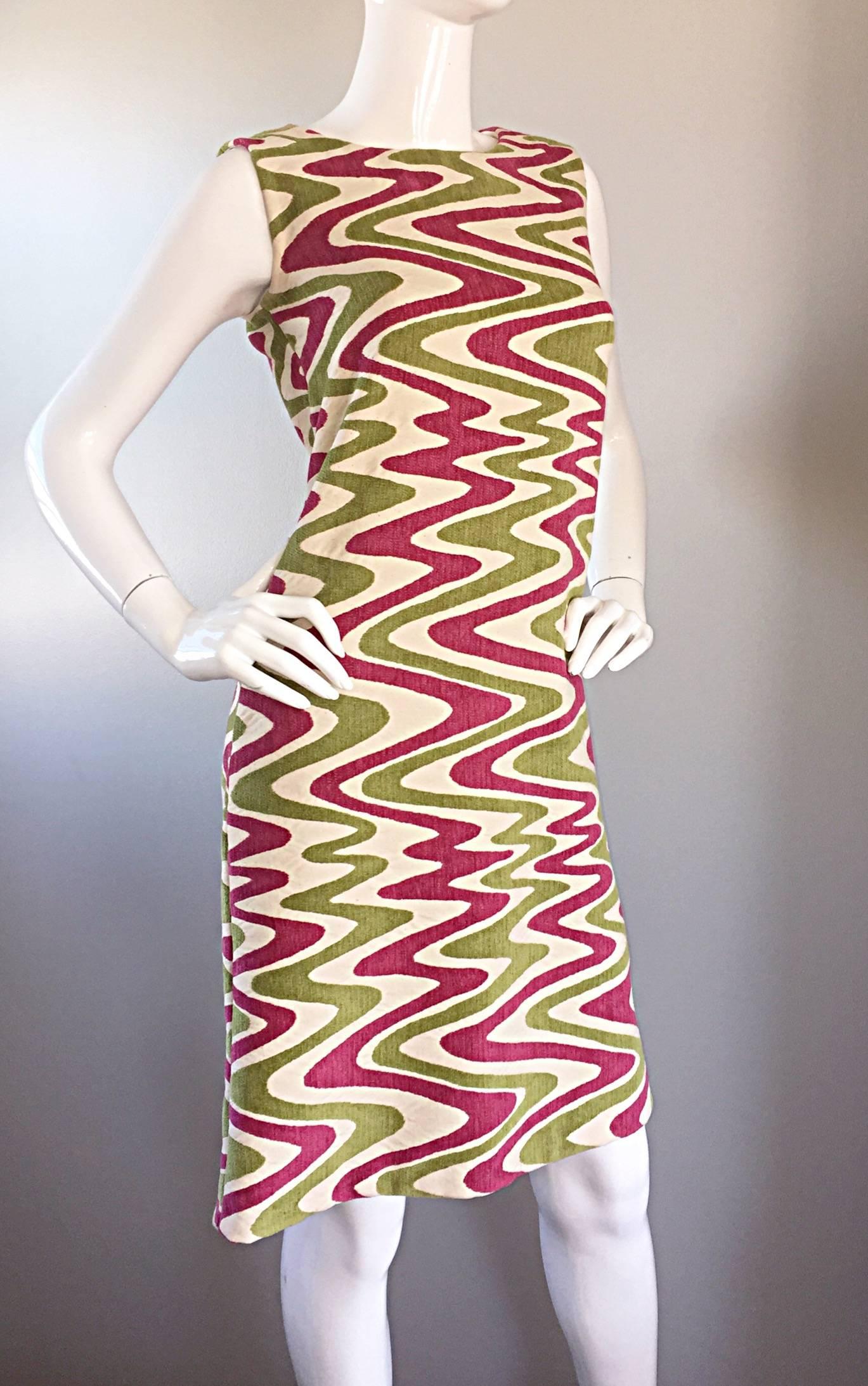 Pink and Chartreuse Abstract Op Art Print Vintage A Line Shift Dress, 1960s 2