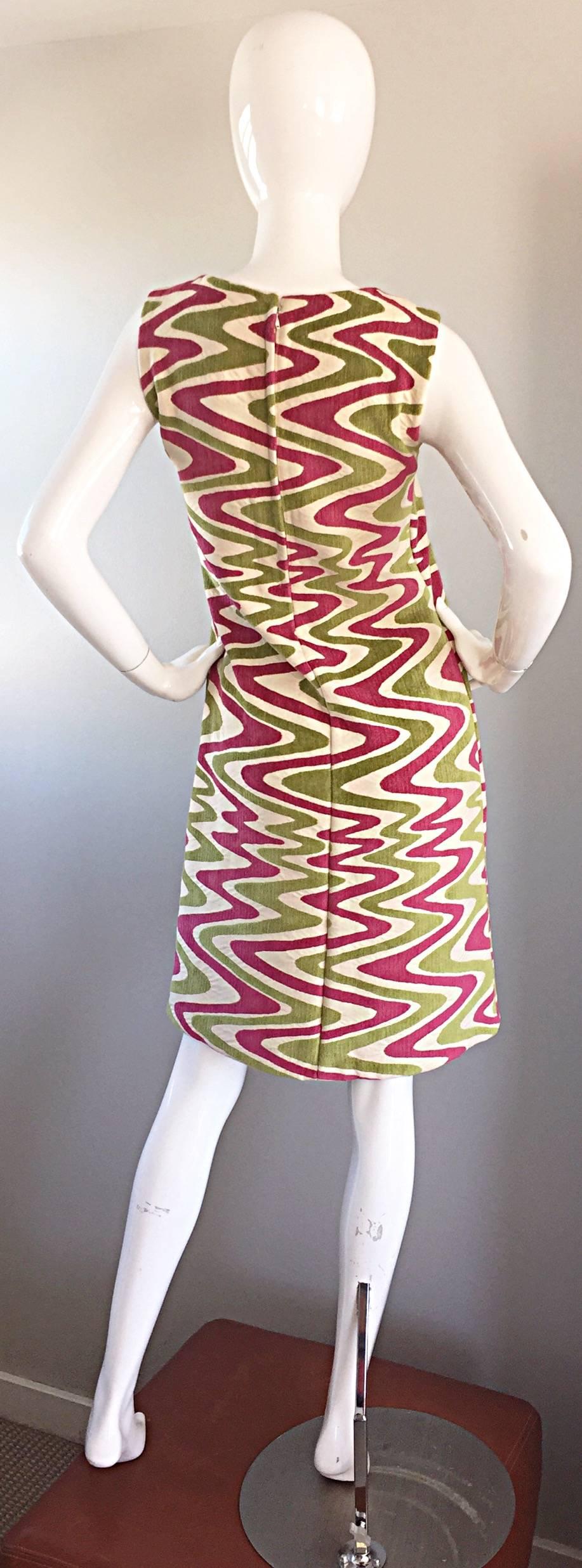 Women's Pink and Chartreuse Abstract Op Art Print Vintage A Line Shift Dress, 1960s