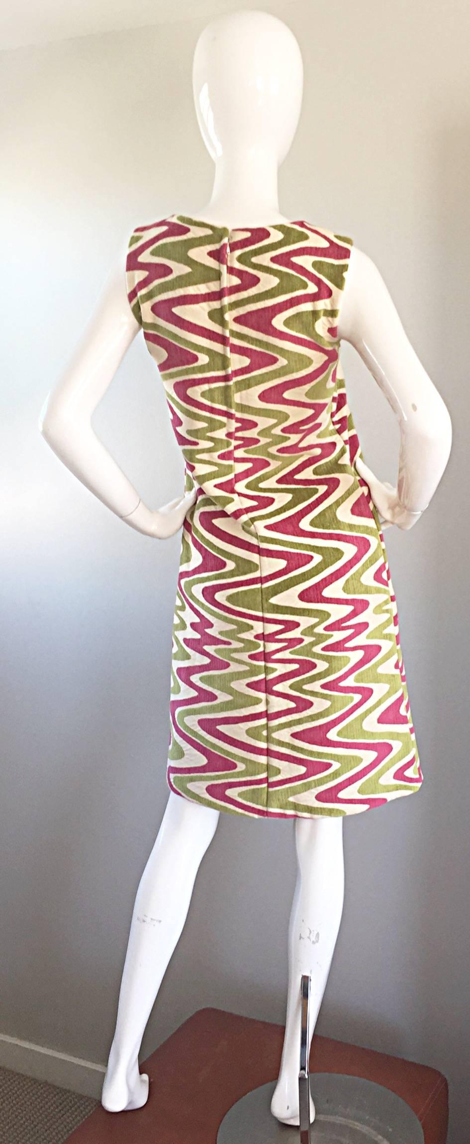 Pink and Chartreuse Abstract Op Art Print Vintage A Line Shift Dress, 1960s 3