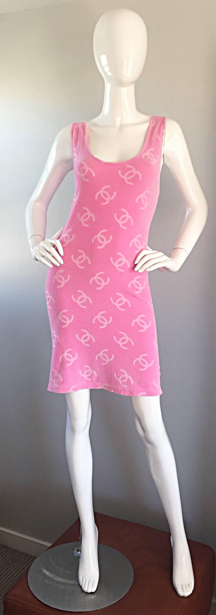 Rare Vintage Chanel 96P Bubblegum Pink Terry Cloth Logo 1990s Sleeveless Dress 2