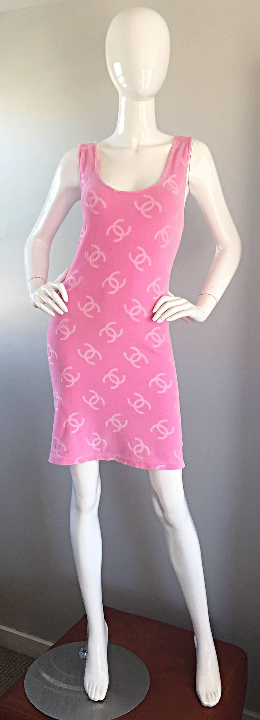 Super rare, and incredibly important vintage 90s CHANEL terrycloth dress! From one of the most iconic Chanel collections in history (1996), where over the top was an understatement! Features an allover print of the legendary CC logo throughout. Not