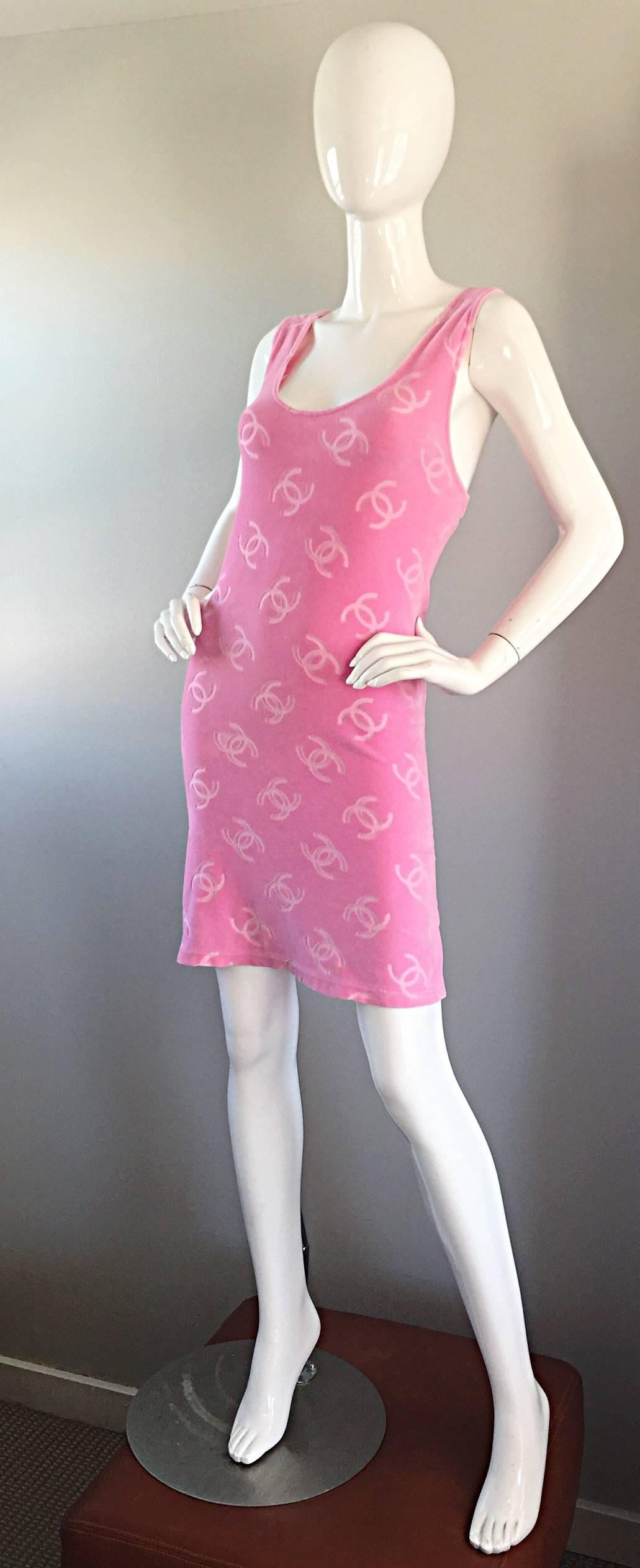 Rare Vintage Chanel 96P Bubblegum Pink Terry Cloth Logo 1990s Sleeveless Dress In Excellent Condition In San Diego, CA