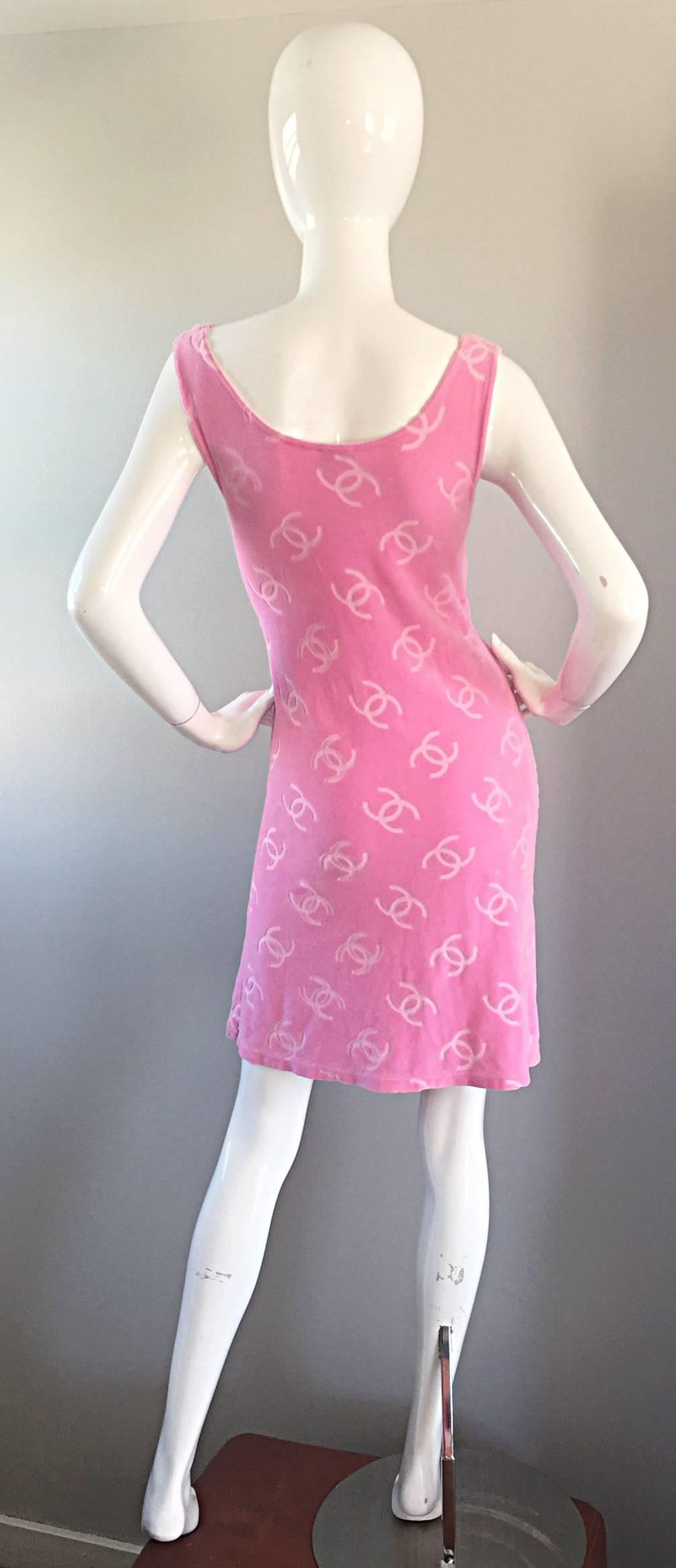 Rare Vintage Chanel 96P Bubblegum Pink Terry Cloth Logo 1990s Sleeveless Dress 1